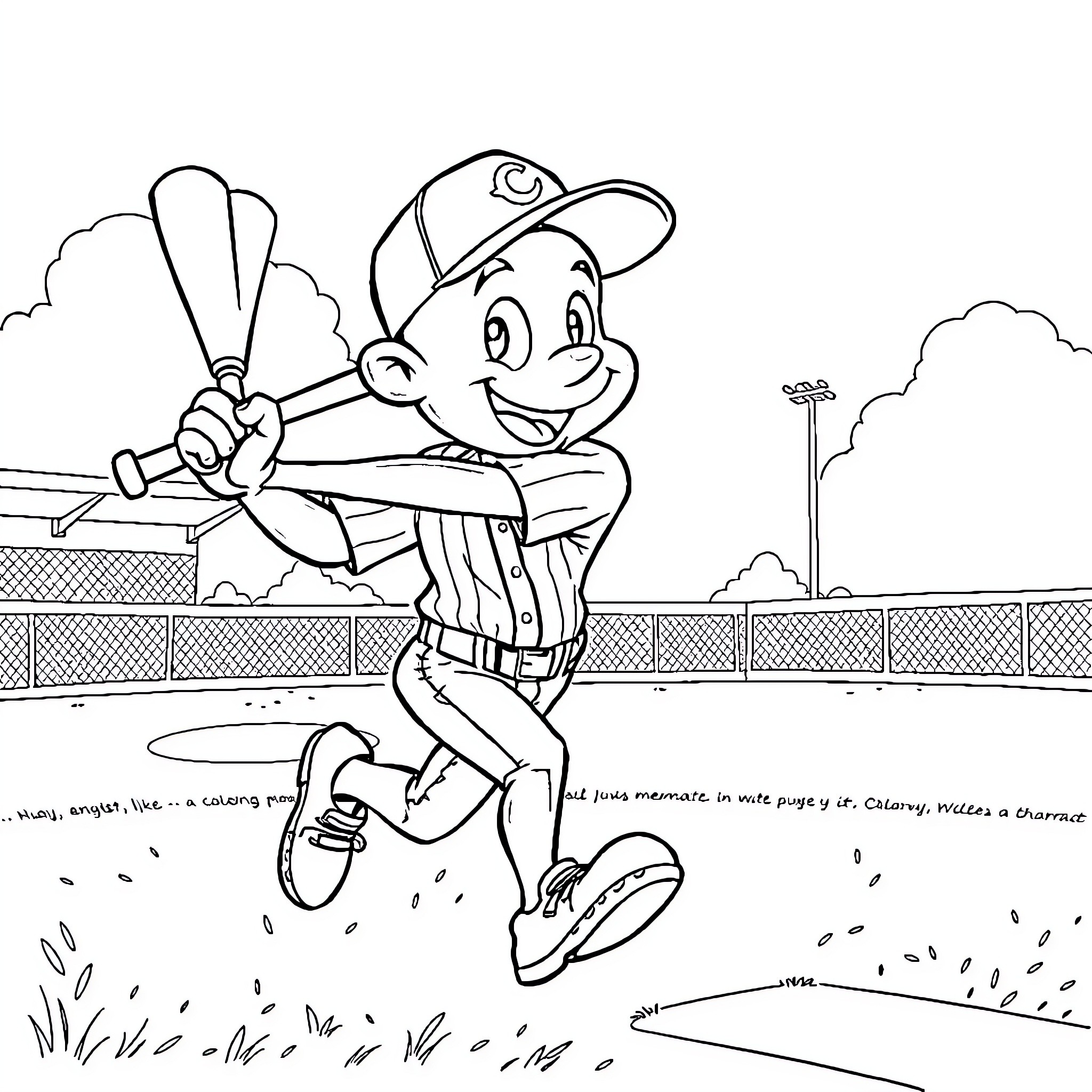 Bluey playing baseball on the field Coloring Page (free black-and-white line drawing printable PDF for all, from beginners to advanced learners, including children, teens, adults, and seniors)
