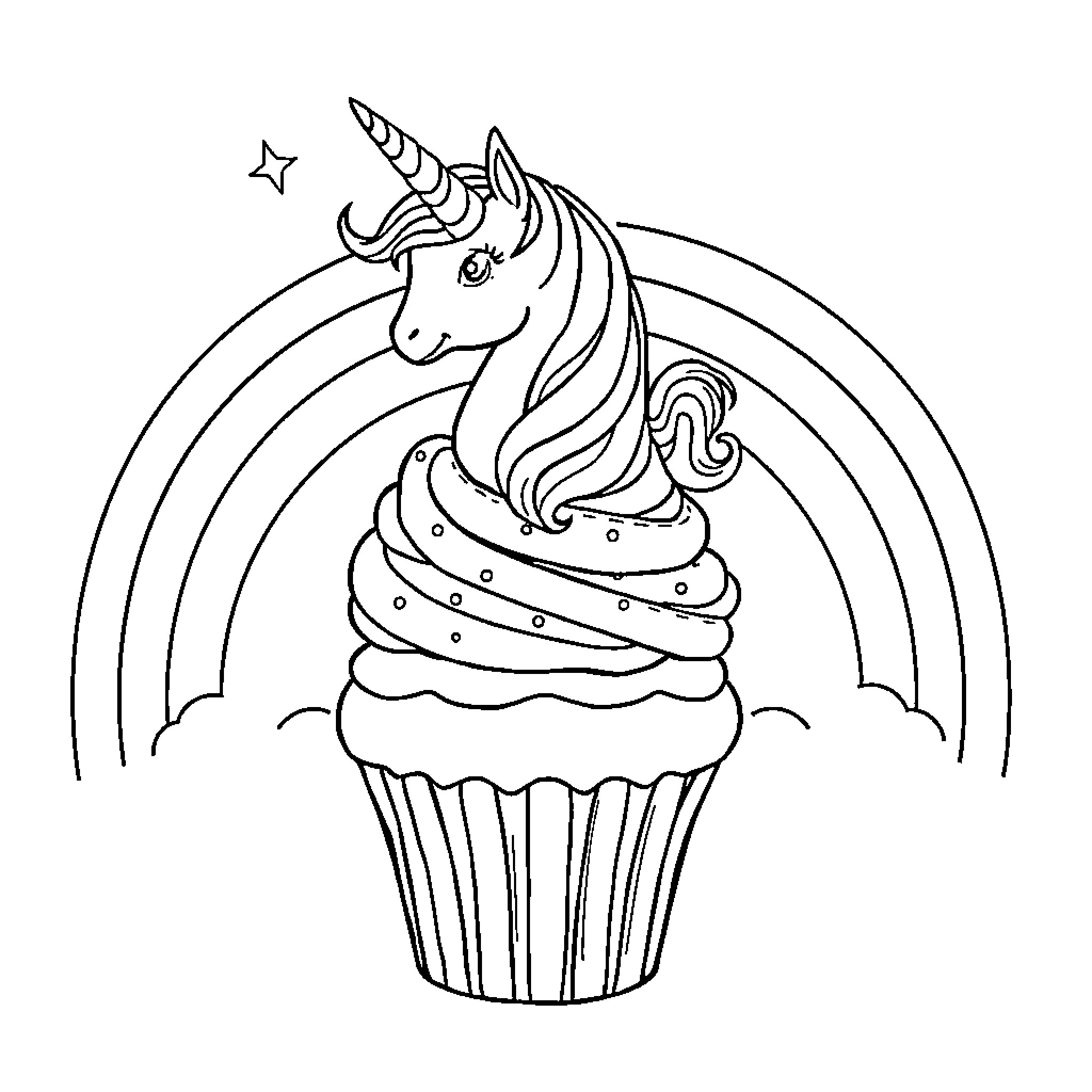 Cupcake with Magical Unicorn Topping Coloring Page (free black-and-white line drawing printable PDF for all, from beginners to advanced learners, including children, teens, adults, and seniors)
