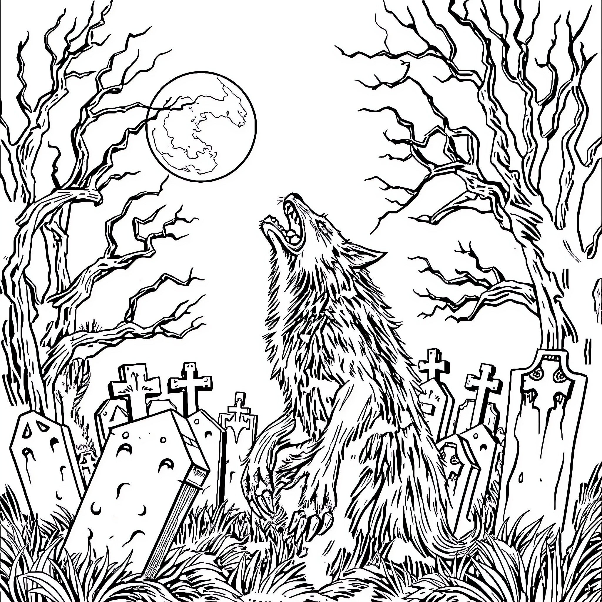 Werewolf Howls Under Moonlight in Spooky Graveyard Coloring Page (free black-and-white line drawing printable PDF for all, from beginners to advanced learners, including children, teens, adults, and seniors)