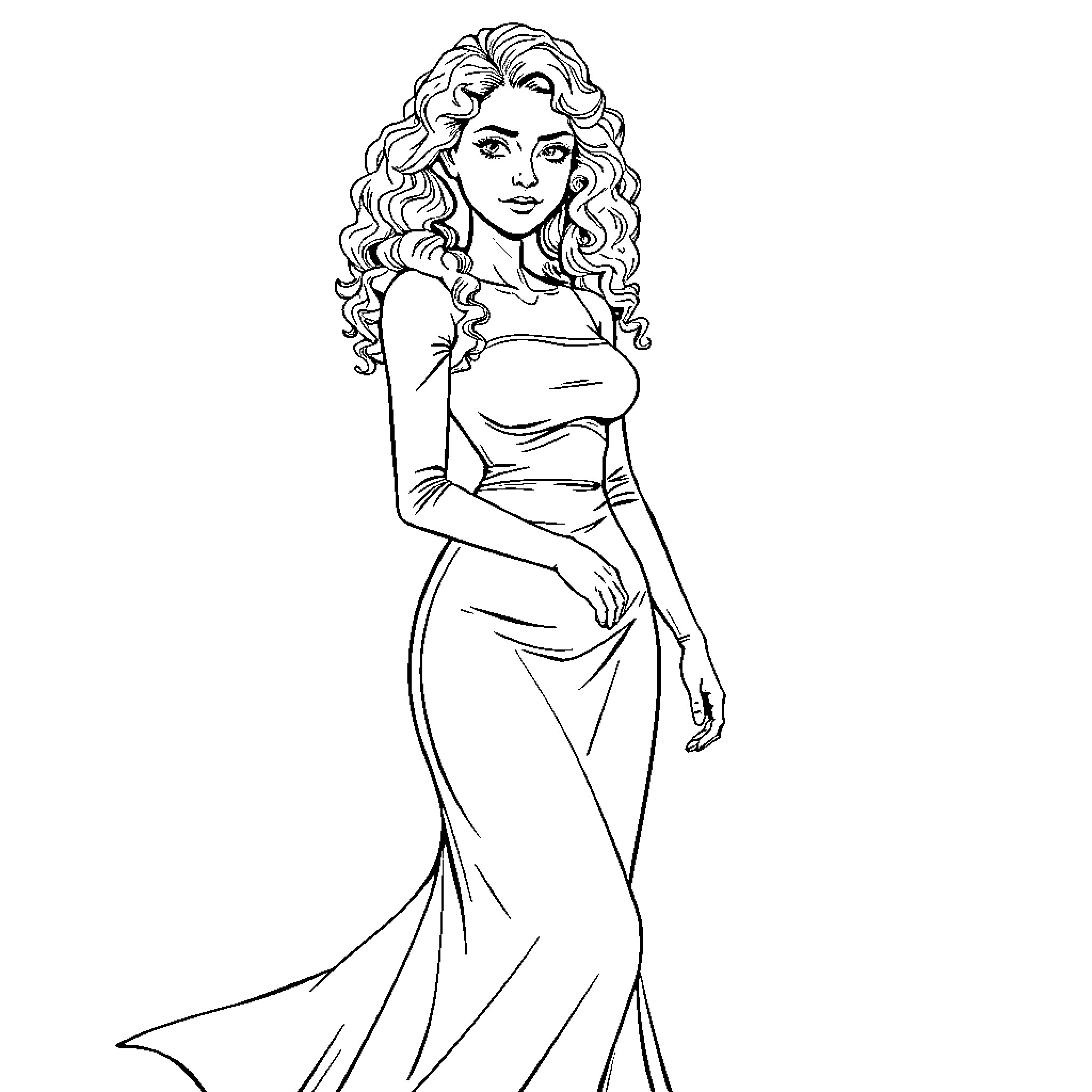 Woman in elegant evening gown posing gracefully Coloring Page (free black-and-white line drawing printable PDF for all, from beginners to advanced learners, including children, teens, adults, and seniors)