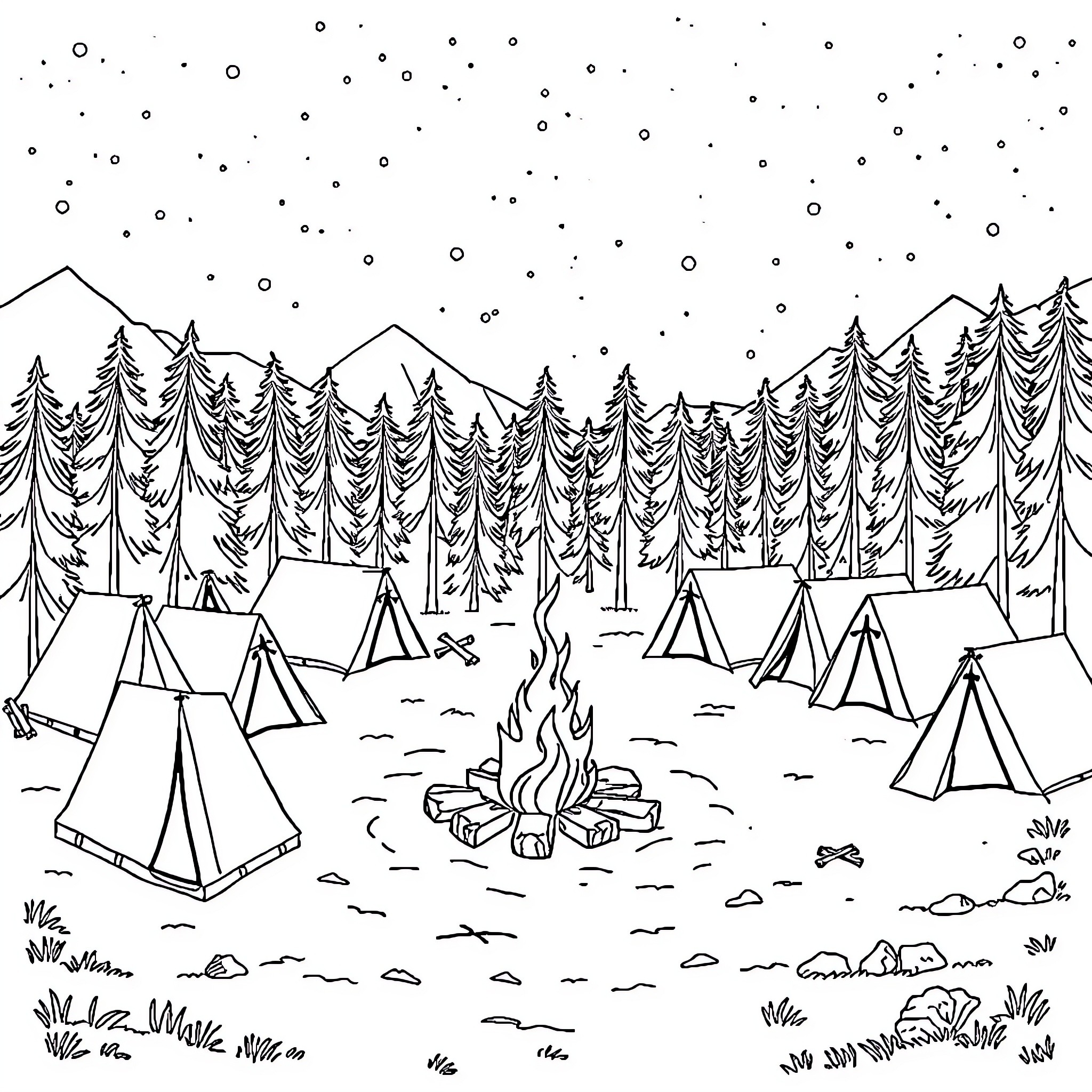 Campsite under starry night sky with tents and campfire Coloring Page (free black-and-white line drawing printable PDF for all, from beginners to advanced learners, including children, teens, adults, and seniors)