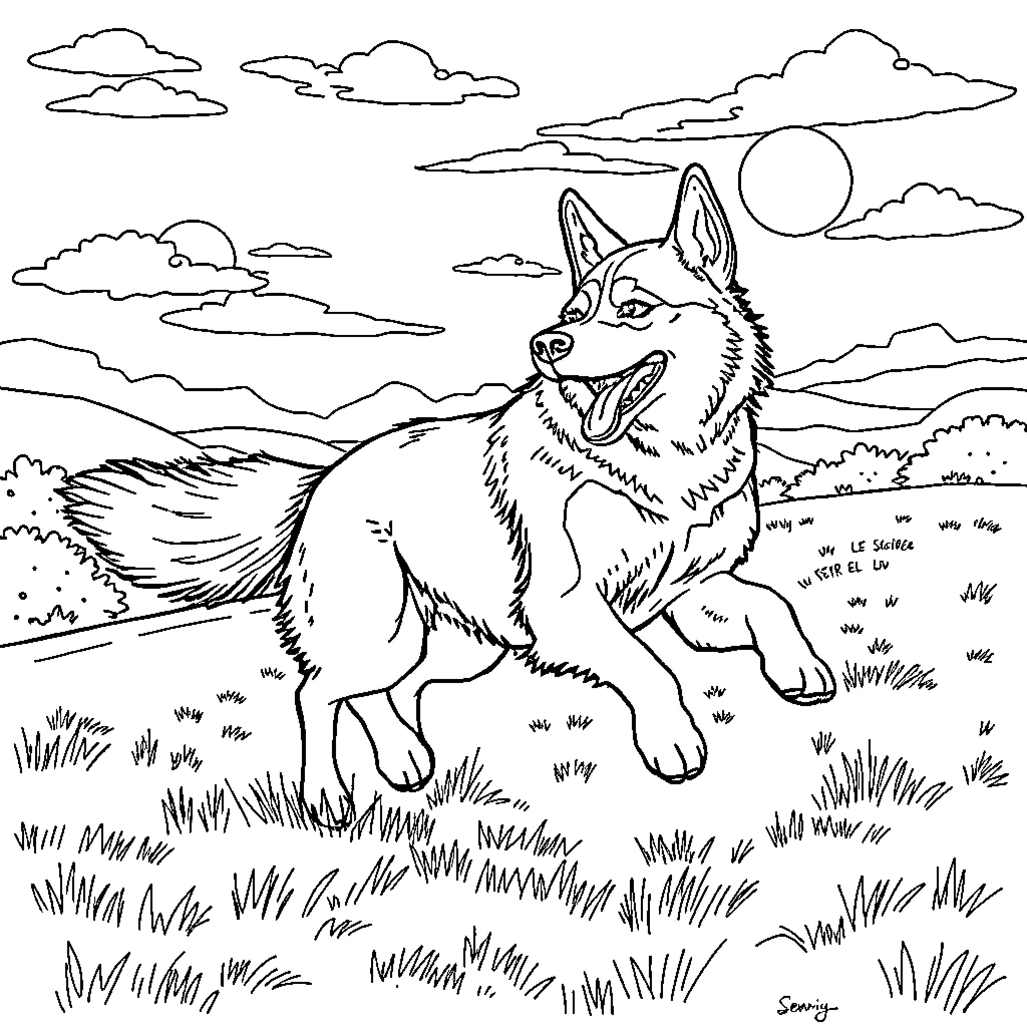Husky enjoys the scenic landscape Coloring Page (free black-and-white line drawing printable PDF for all, from beginners to advanced learners, including children, teens, adults, and seniors)