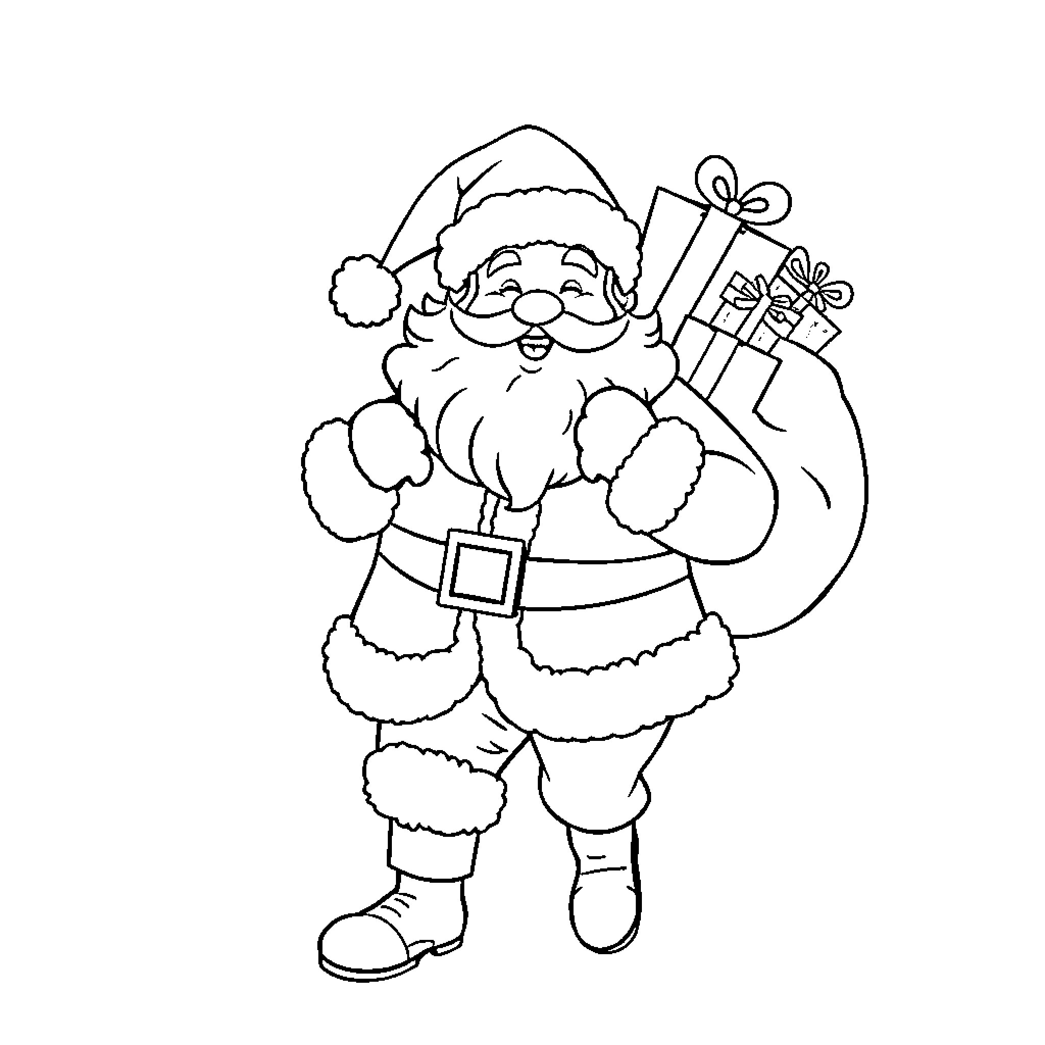 Santa Claus delivering gifts with joy Coloring Page (free black-and-white line drawing printable PDF for all, from beginners to advanced learners, including children, teens, adults, and seniors)