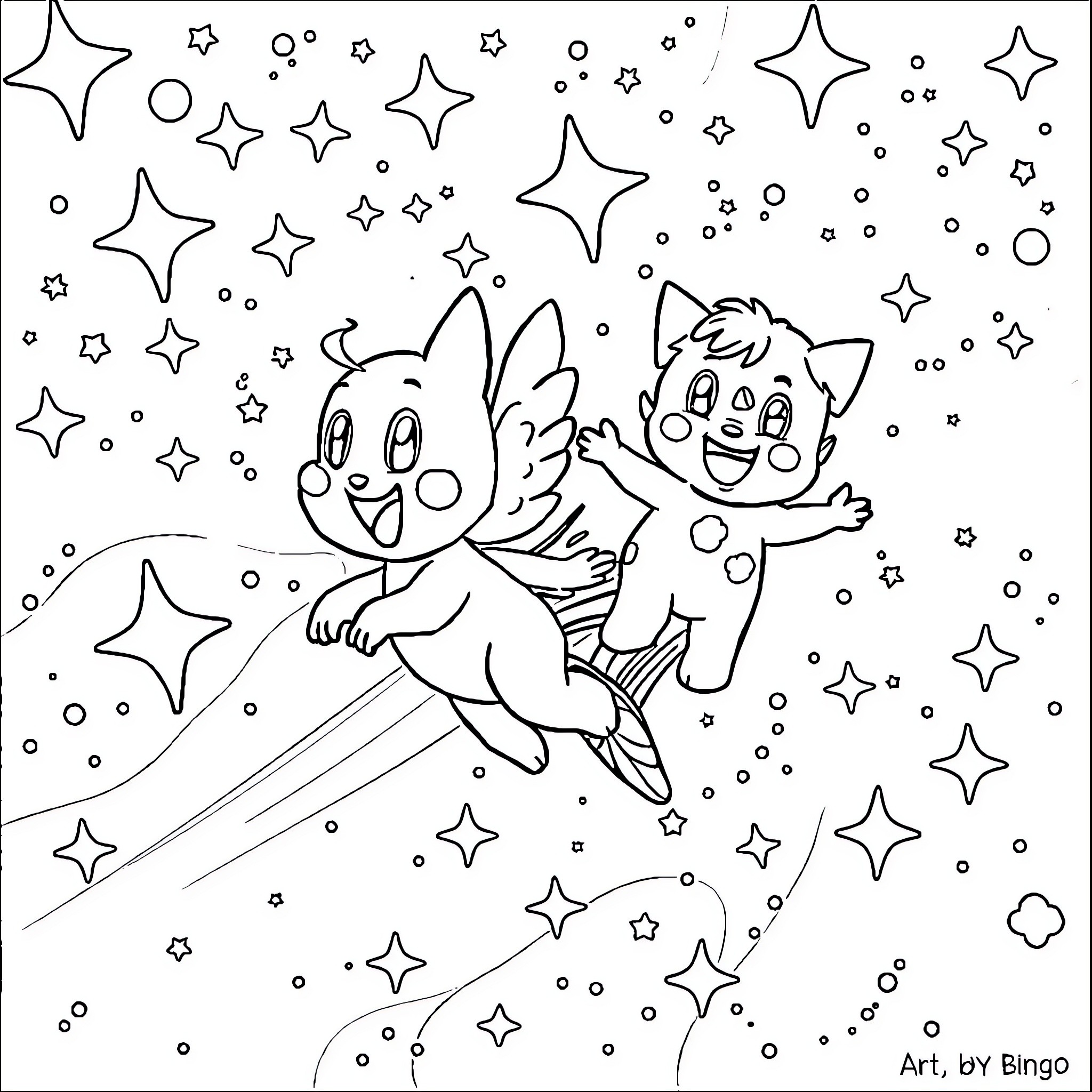 Bluey playing joyfully in the starry night Coloring Page (free black-and-white line drawing printable PDF for all, from beginners to advanced learners, including children, teens, adults, and seniors)