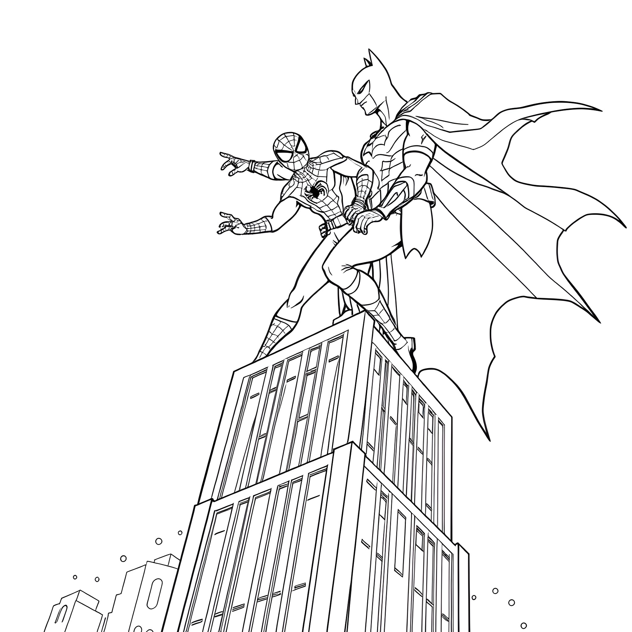 Spider-Man and Batman teaming up to protect the city Coloring Page (free black-and-white line drawing printable PDF for all, from beginners to advanced learners, including children, teens, adults, and seniors)