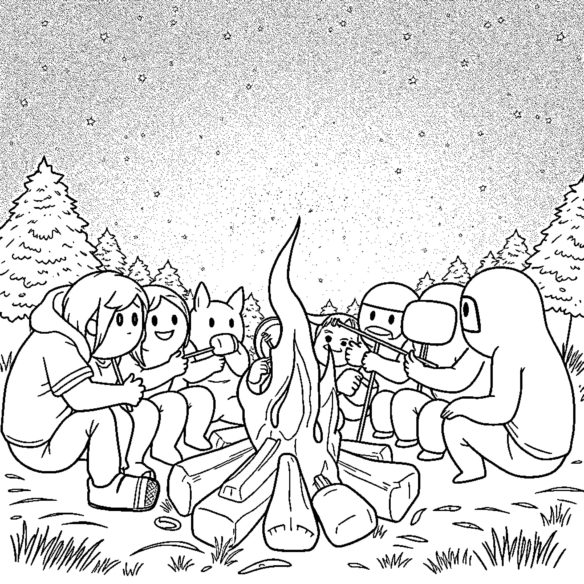 Among Us Characters Gathered Around a Campfire Coloring Page (free black-and-white line drawing printable PDF for all, from beginners to advanced learners, including children, teens, adults, and seniors)