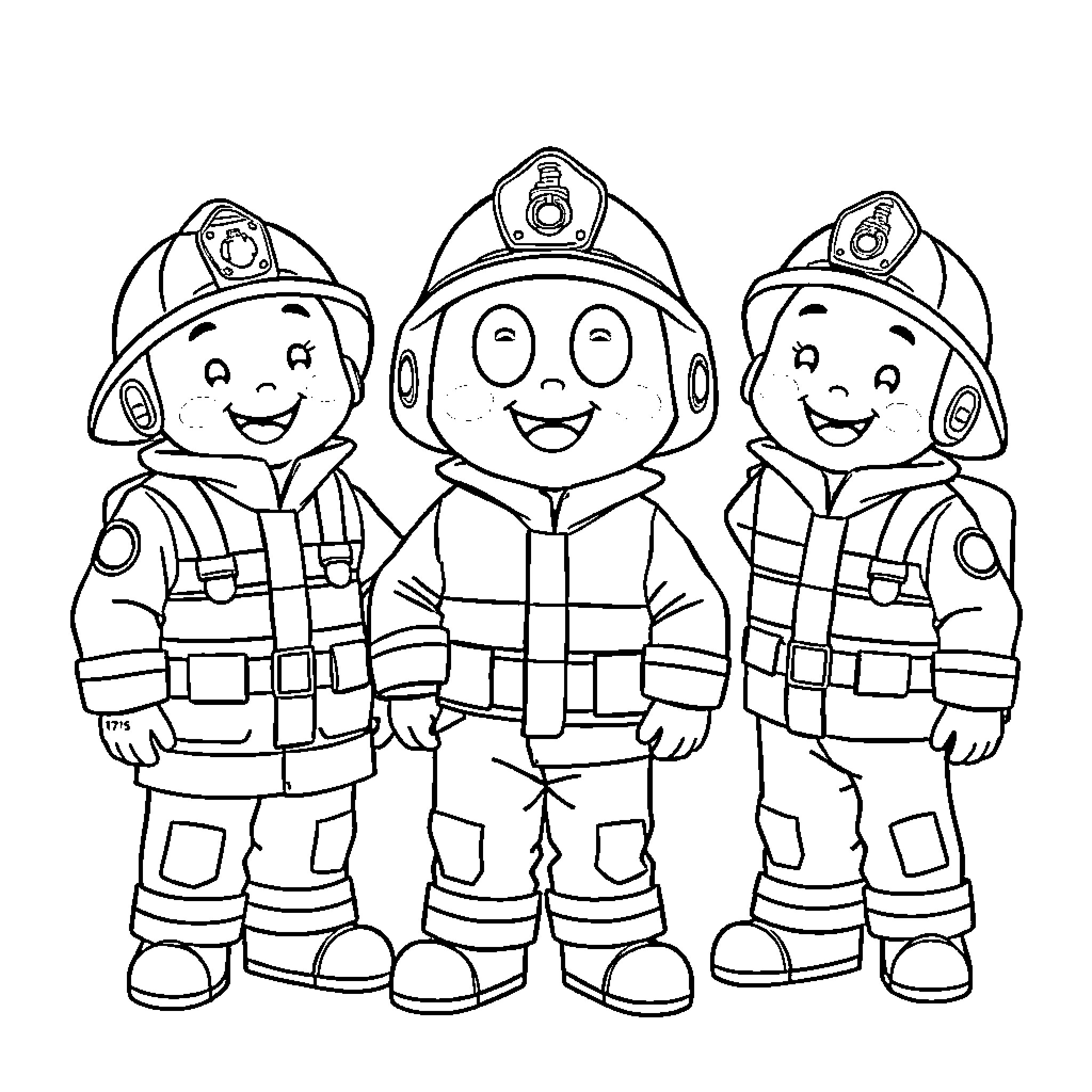 Anpanman firefighters in uniform Coloring Page (free black-and-white line drawing printable PDF for all, from beginners to advanced learners, including children, teens, adults, and seniors)