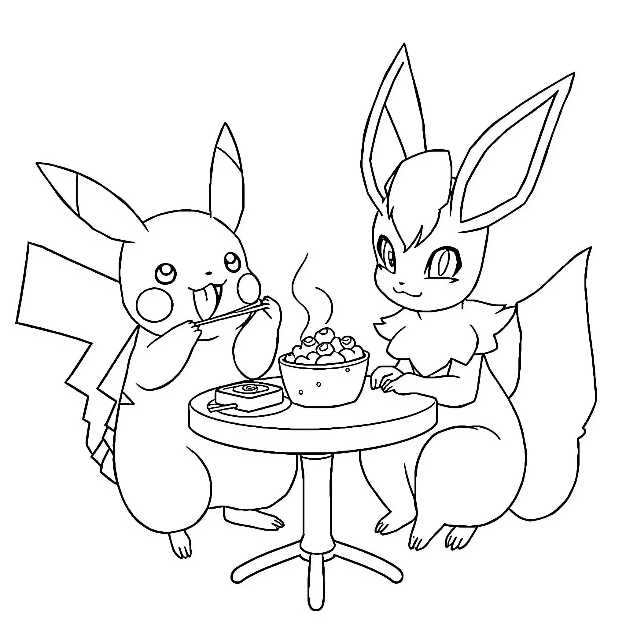 Pikachu and Eevee sharing a snack together Coloring Page (free black-and-white line drawing printable PDF for all, from beginners to advanced learners, including children, teens, adults, and seniors)