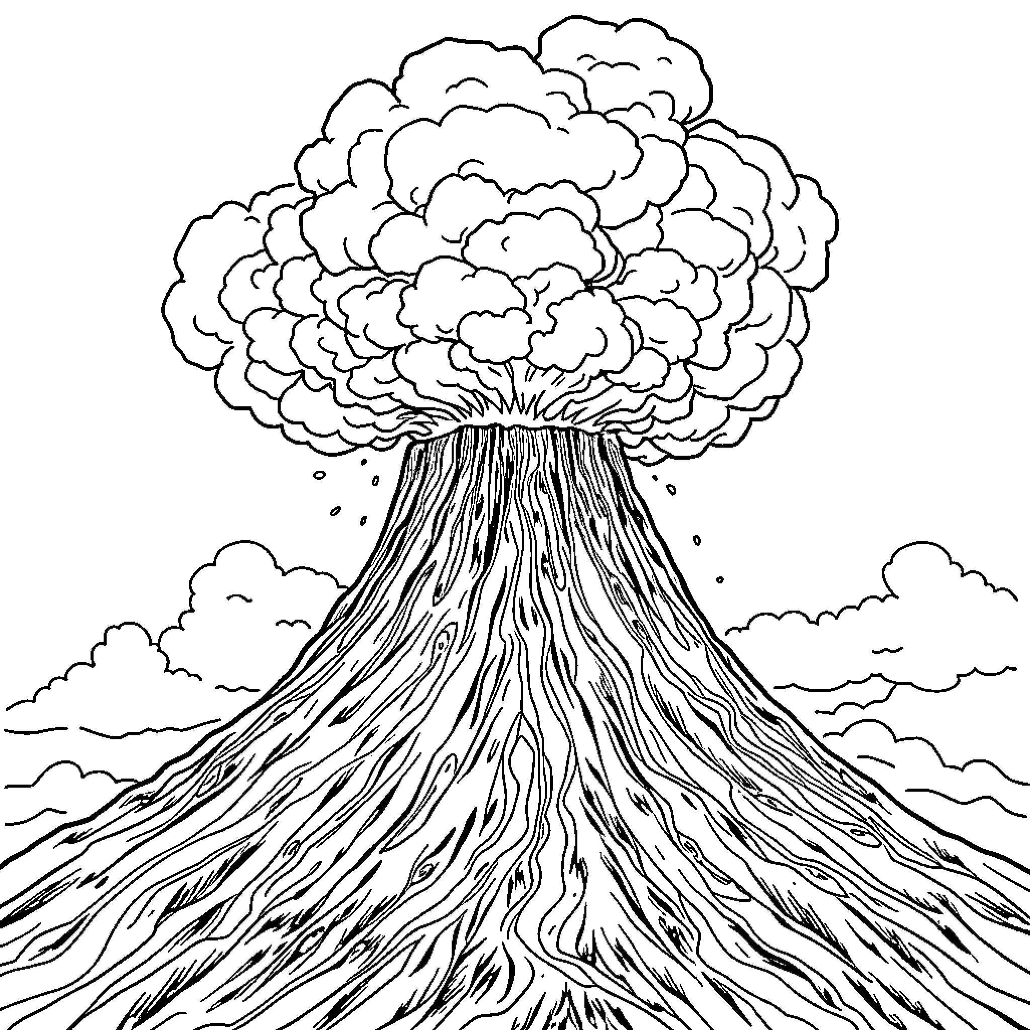 Volcano erupting with majestic clouds of smoke Coloring Page (free black-and-white line drawing printable PDF for all, from beginners to advanced learners, including children, teens, adults, and seniors)