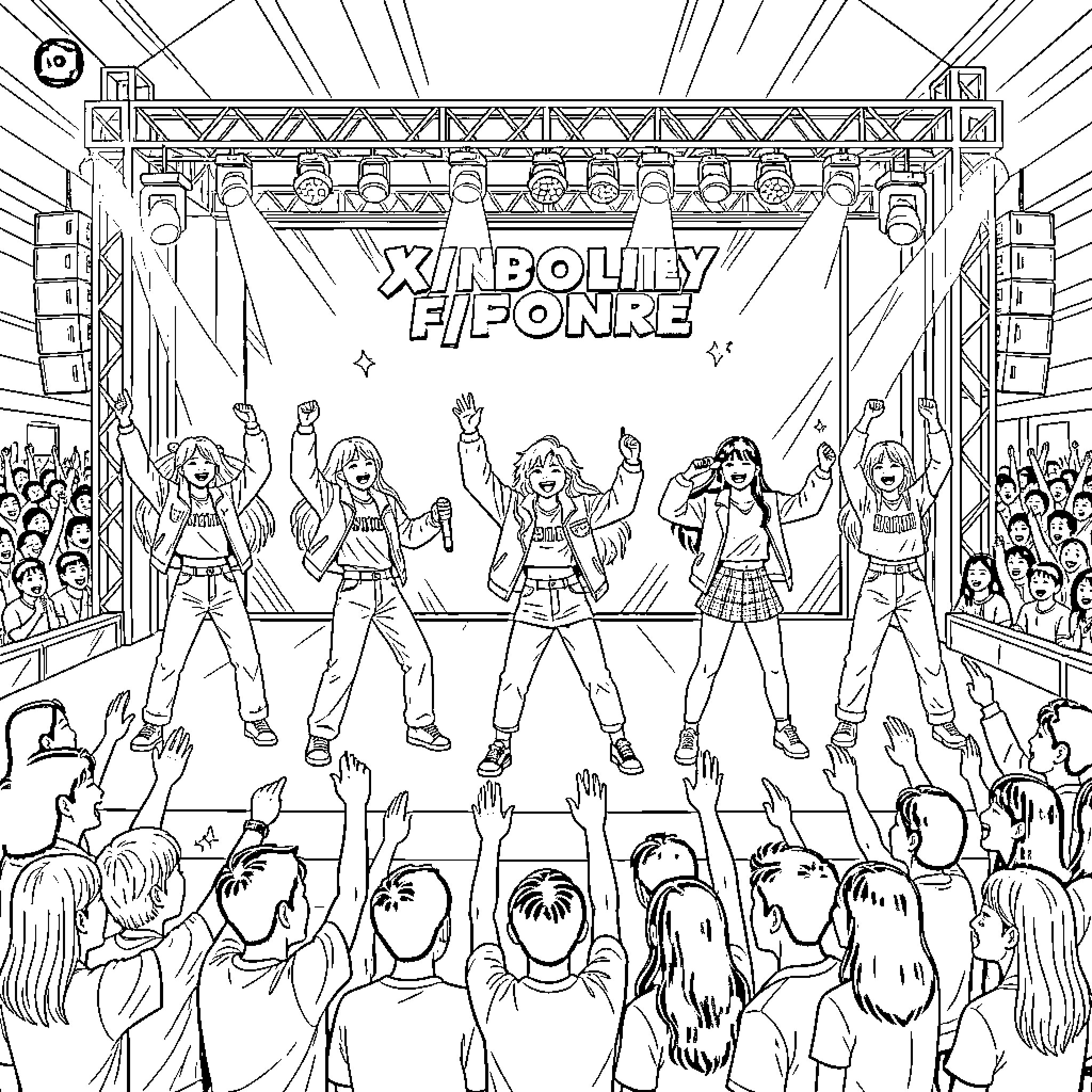 Kpop idols performing energetic dance moves on stage Coloring Page (free black-and-white line drawing printable PDF for all, from beginners to advanced learners, including children, teens, adults, and seniors)