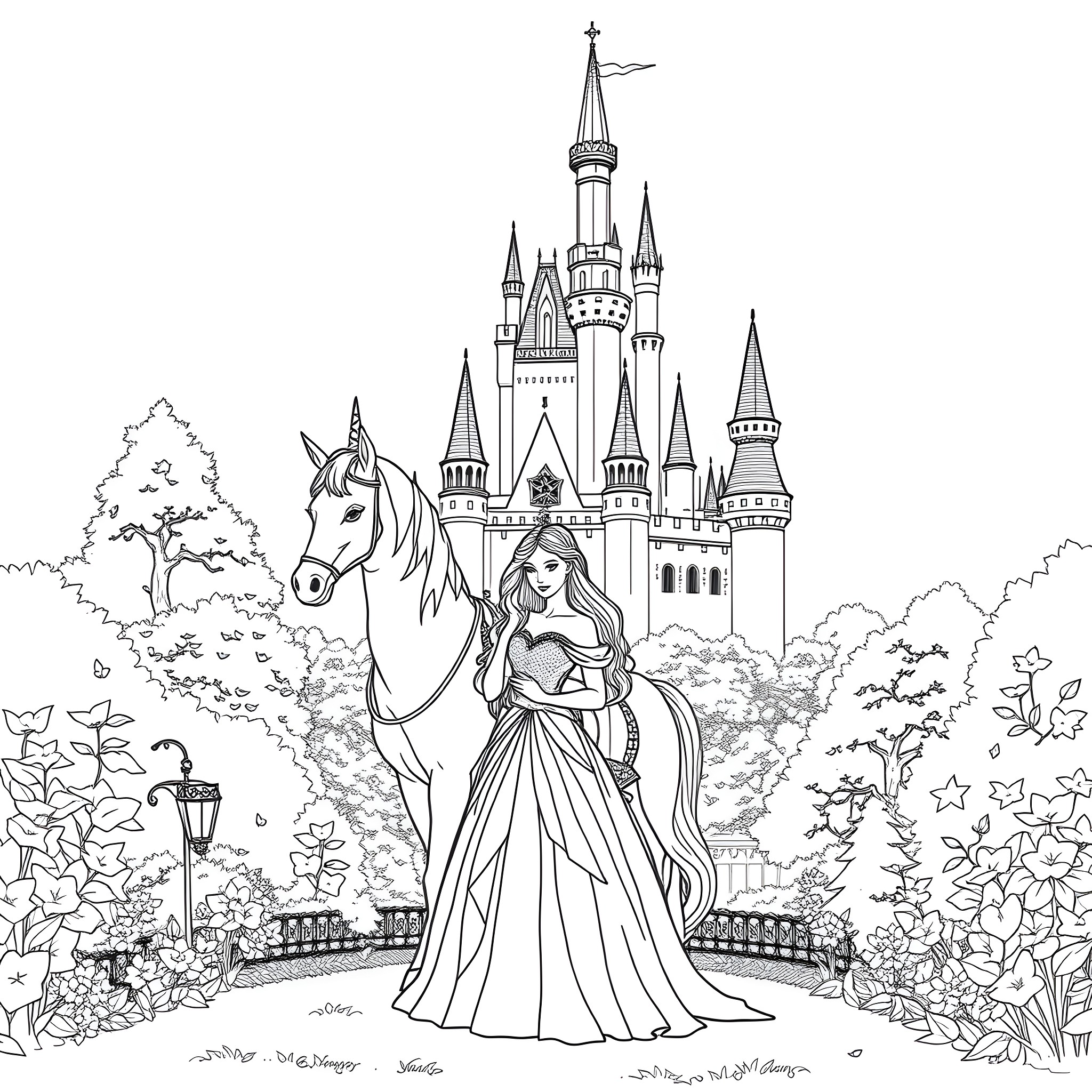 Princess in a Majestic Castle with Unicorn Coloring Page (free black-and-white line drawing printable PDF for all, from beginners to advanced learners, including children, teens, adults, and seniors)