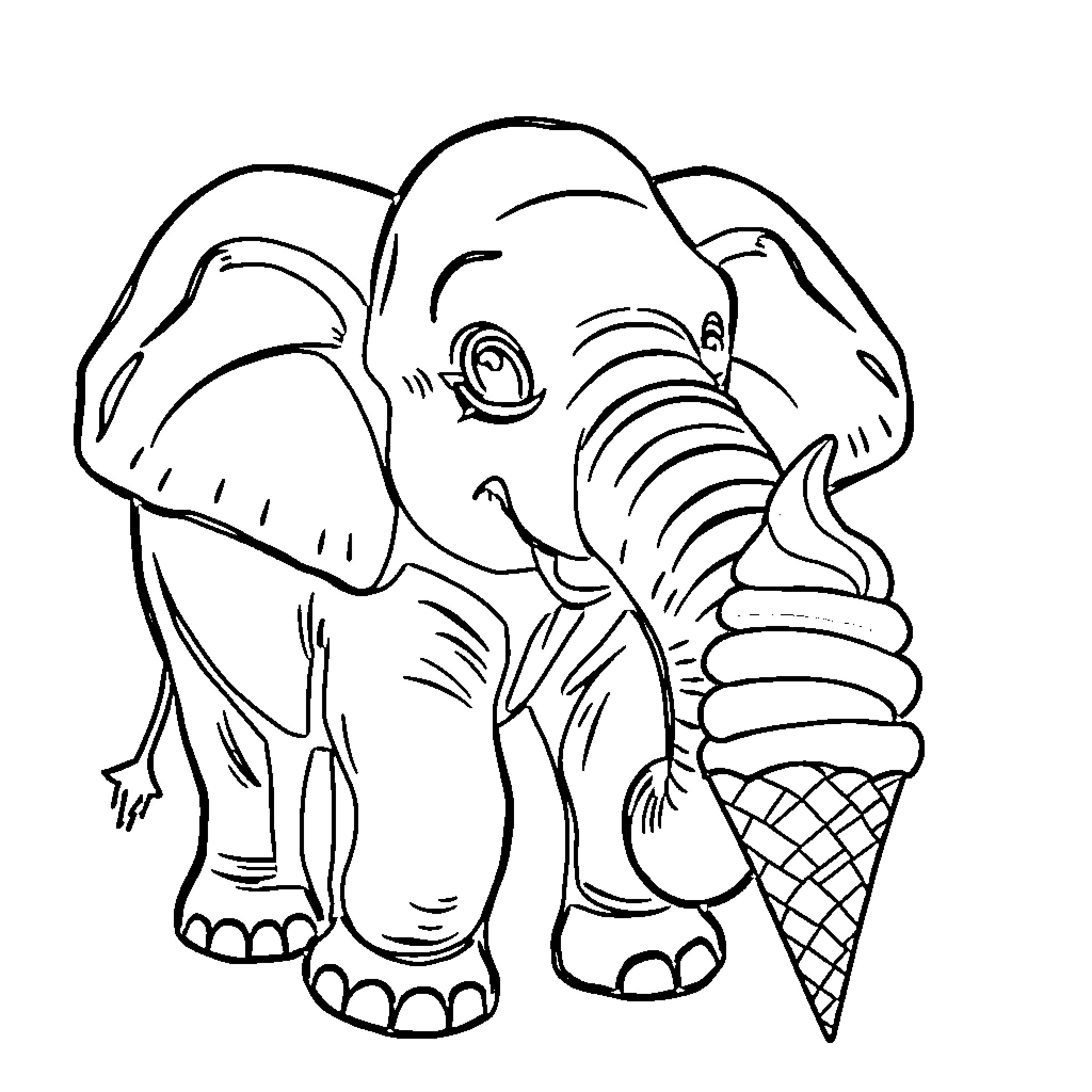 Elephant enjoying an ice cream treat Coloring Page (free black-and-white line drawing printable PDF for all, from beginners to advanced learners, including children, teens, adults, and seniors)