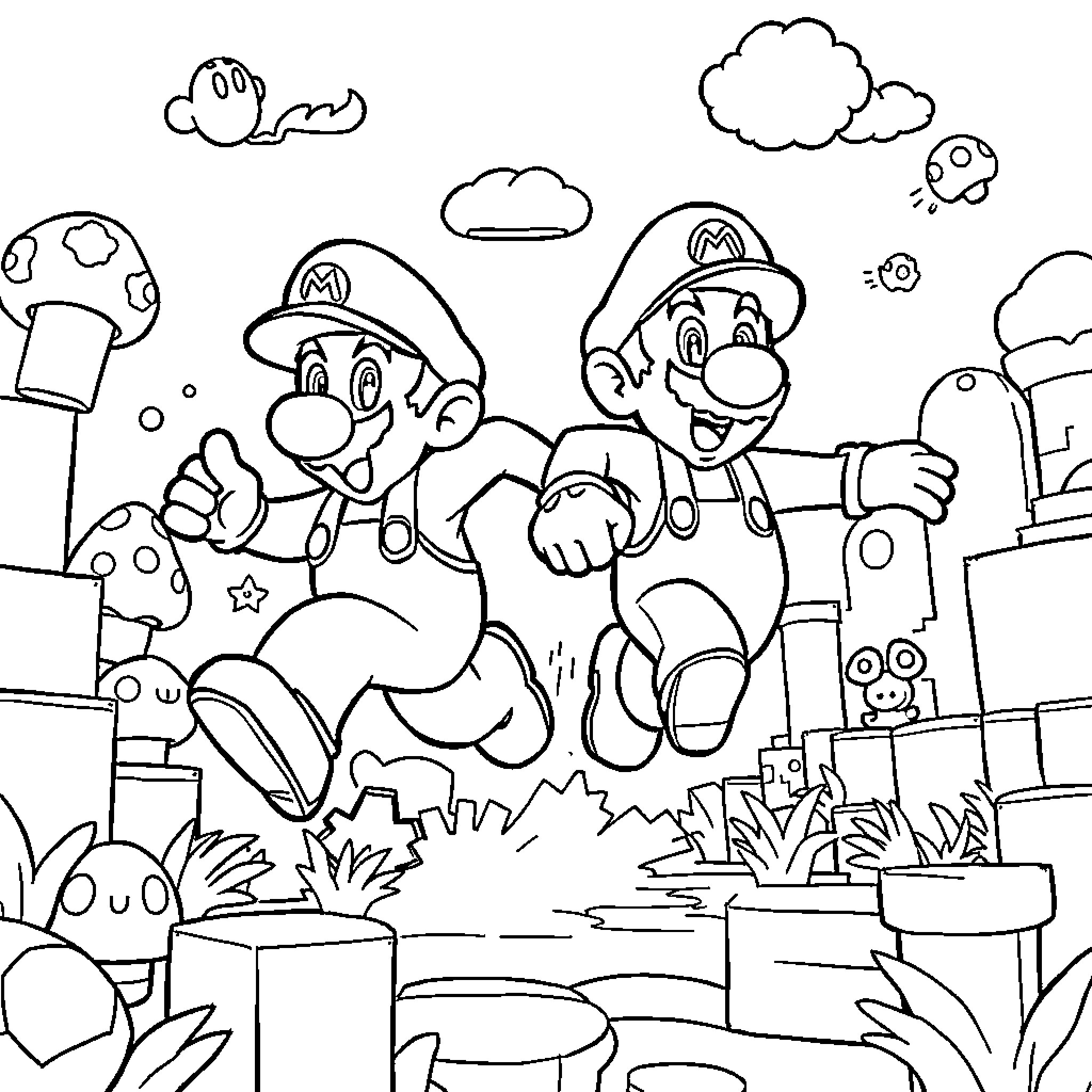 Mario Bros adventuring in the Mushroom Kingdom Coloring Page (free black-and-white line drawing printable PDF for all, from beginners to advanced learners, including children, teens, adults, and seniors)