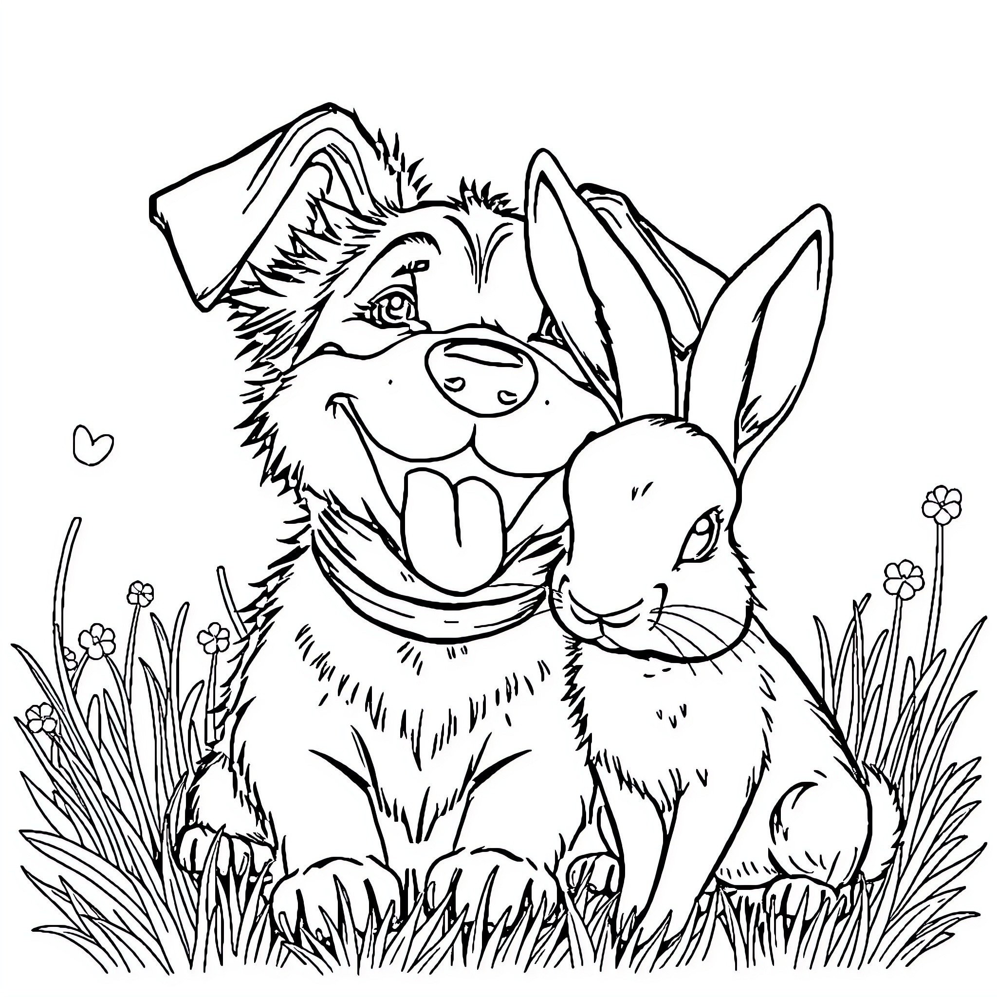 Dog and Rabbit Playing in the Meadow Coloring Page (free black-and-white line drawing printable PDF for all, from beginners to advanced learners, including children, teens, adults, and seniors)