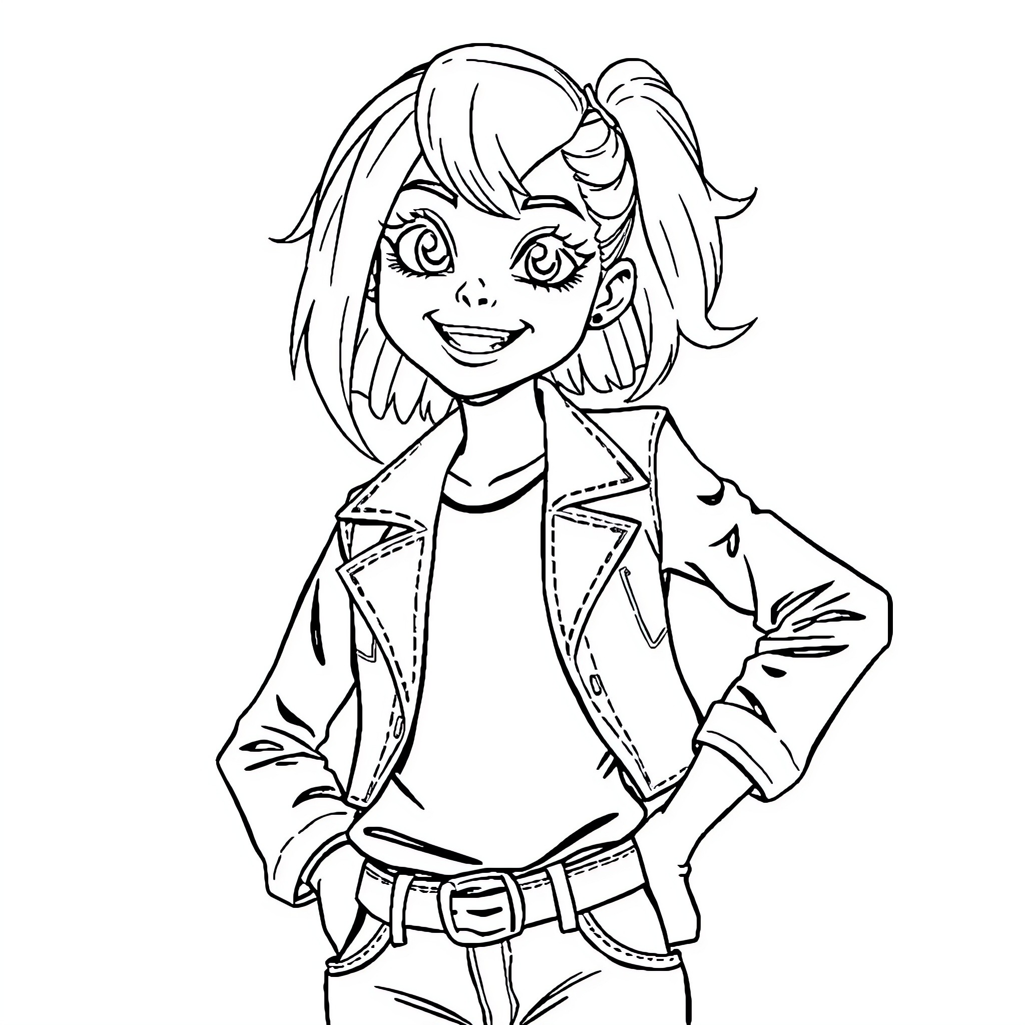 Girl in Casual Attire Posing Confidently Coloring Page (free black-and-white line drawing printable PDF for all, from beginners to advanced learners, including children, teens, adults, and seniors)