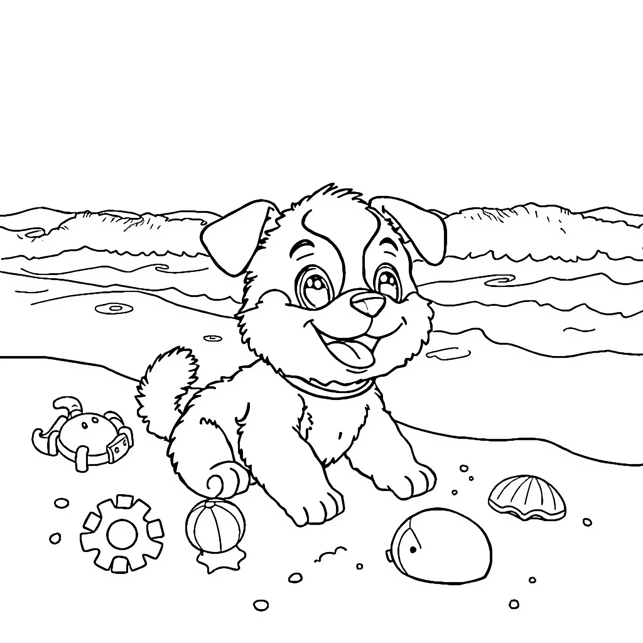 Tchoupi playing happily at the beach Coloring Page (free black-and-white line drawing printable PDF for all, from beginners to advanced learners, including children, teens, adults, and seniors)