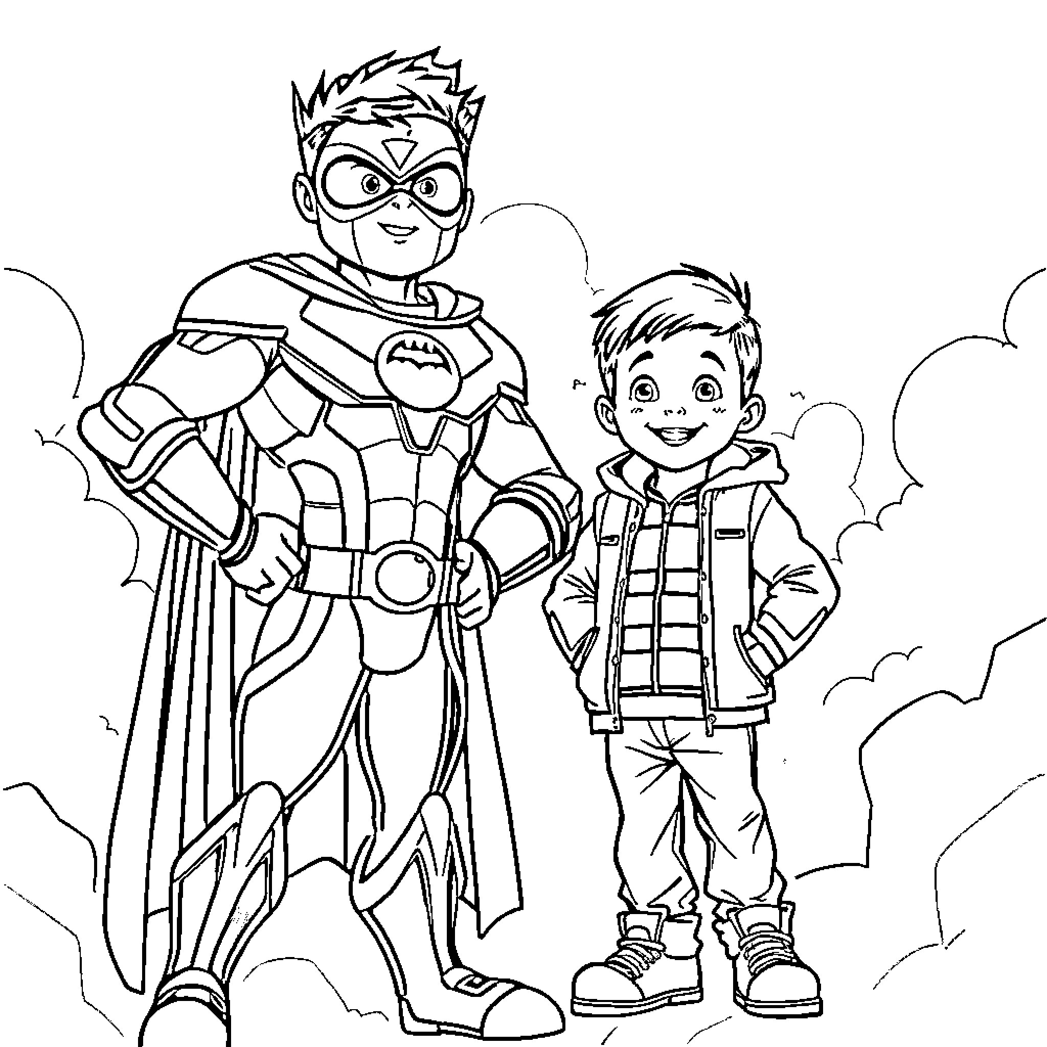 Krrish superheroes with a young boy Coloring Page (free black-and-white line drawing printable PDF for all, from beginners to advanced learners, including children, teens, adults, and seniors)