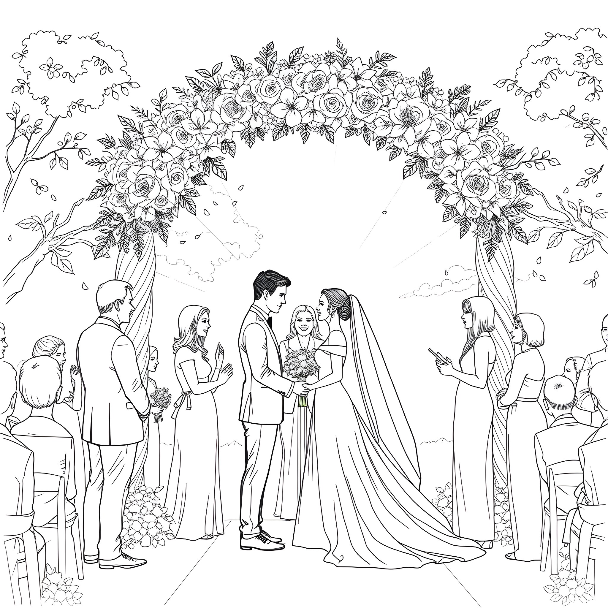 Wedding Ceremony Under Floral Arch Coloring Page (free black-and-white line drawing printable PDF for all, from beginners to advanced learners, including children, teens, adults, and seniors)