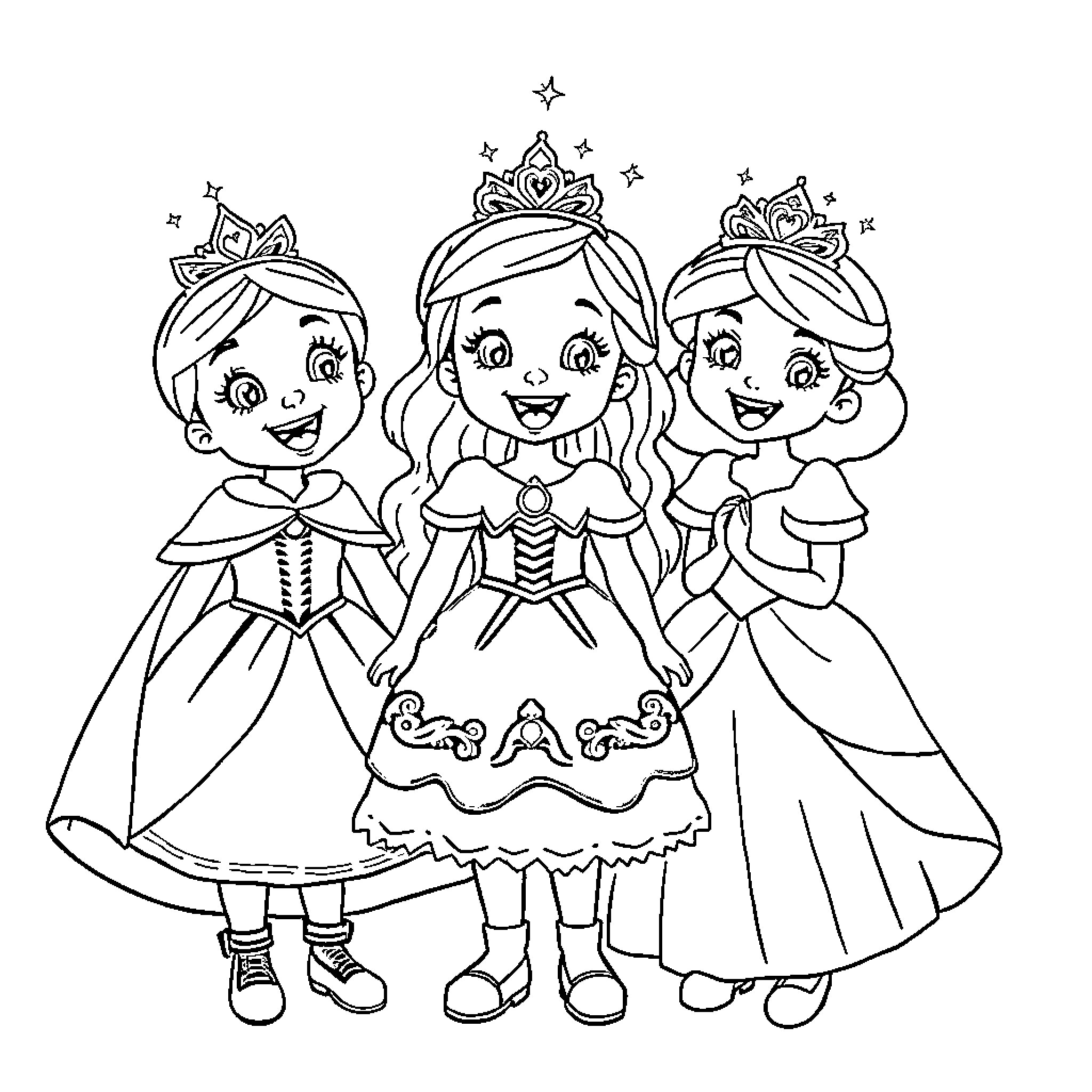 Disney Princess trio posing in elegant dresses Coloring Page (free black-and-white line drawing printable PDF for all, from beginners to advanced learners, including children, teens, adults, and seniors)