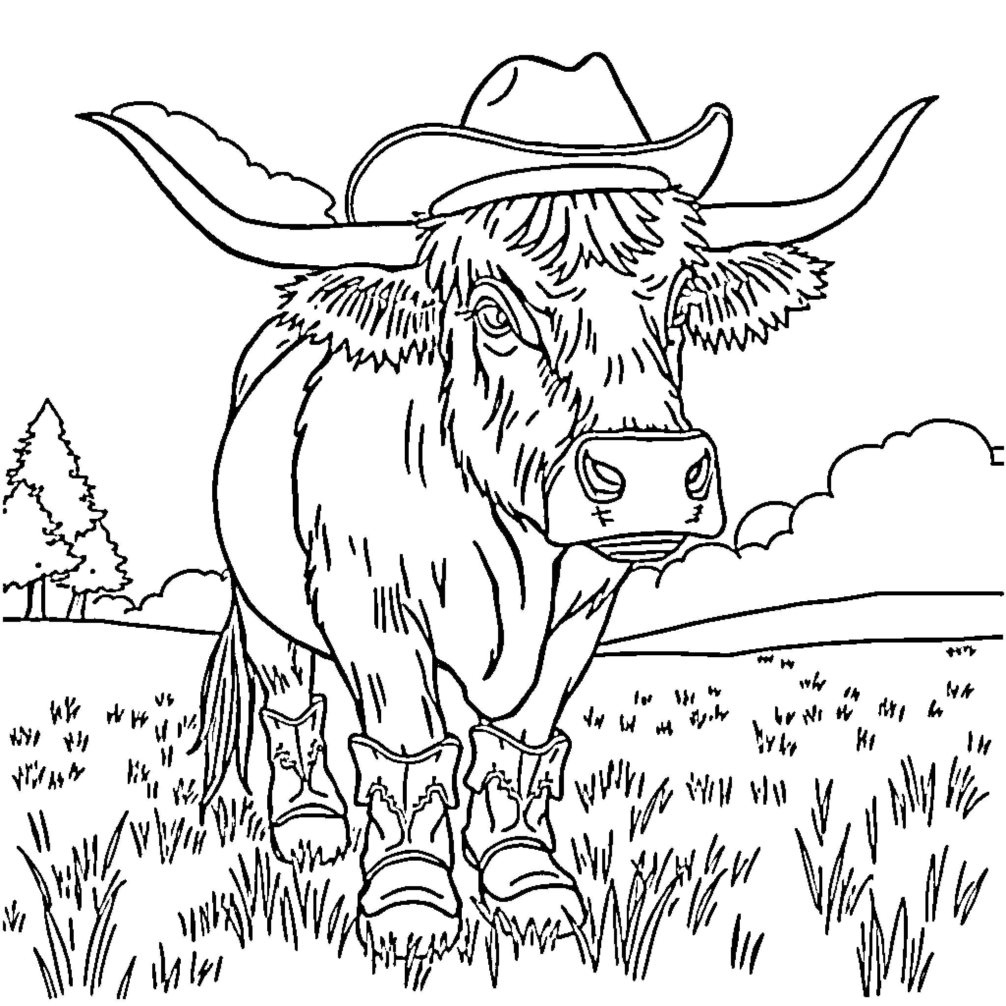 Highland Cow in Grassy Meadow with Cowboy Hat Coloring Page (free black-and-white line drawing printable PDF for all, from beginners to advanced learners, including children, teens, adults, and seniors)
