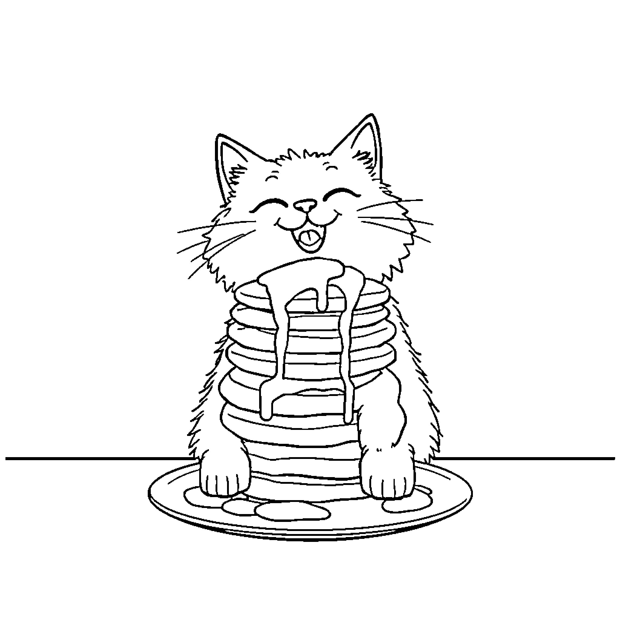 Cat enjoying a stack of pancakes Coloring Page (free black-and-white line drawing printable PDF for all, from beginners to advanced learners, including children, teens, adults, and seniors)
