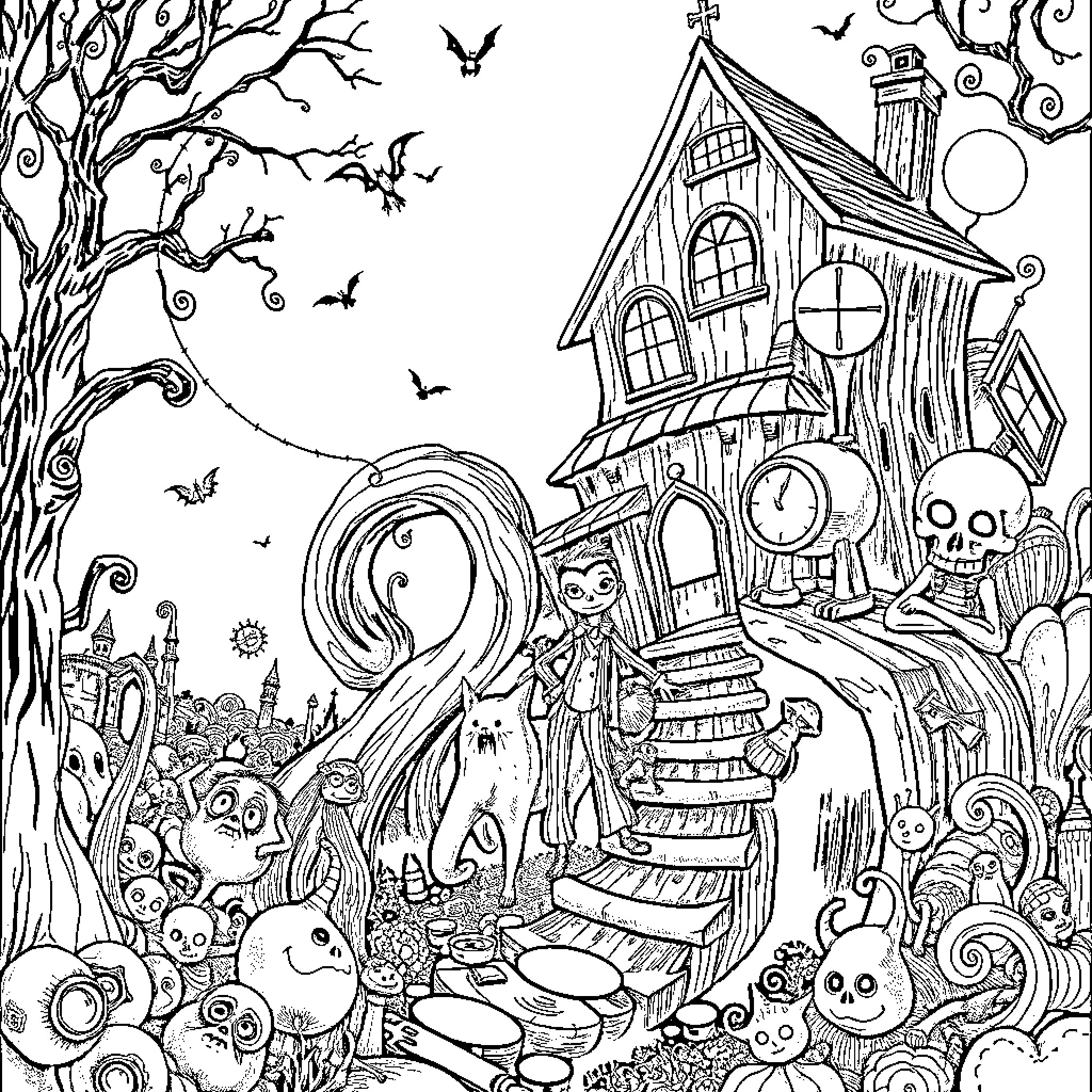 Tim Burton's Whimsical Haunted House Illustration Coloring Page (free black-and-white line drawing printable PDF for all, from beginners to advanced learners, including children, teens, adults, and seniors)