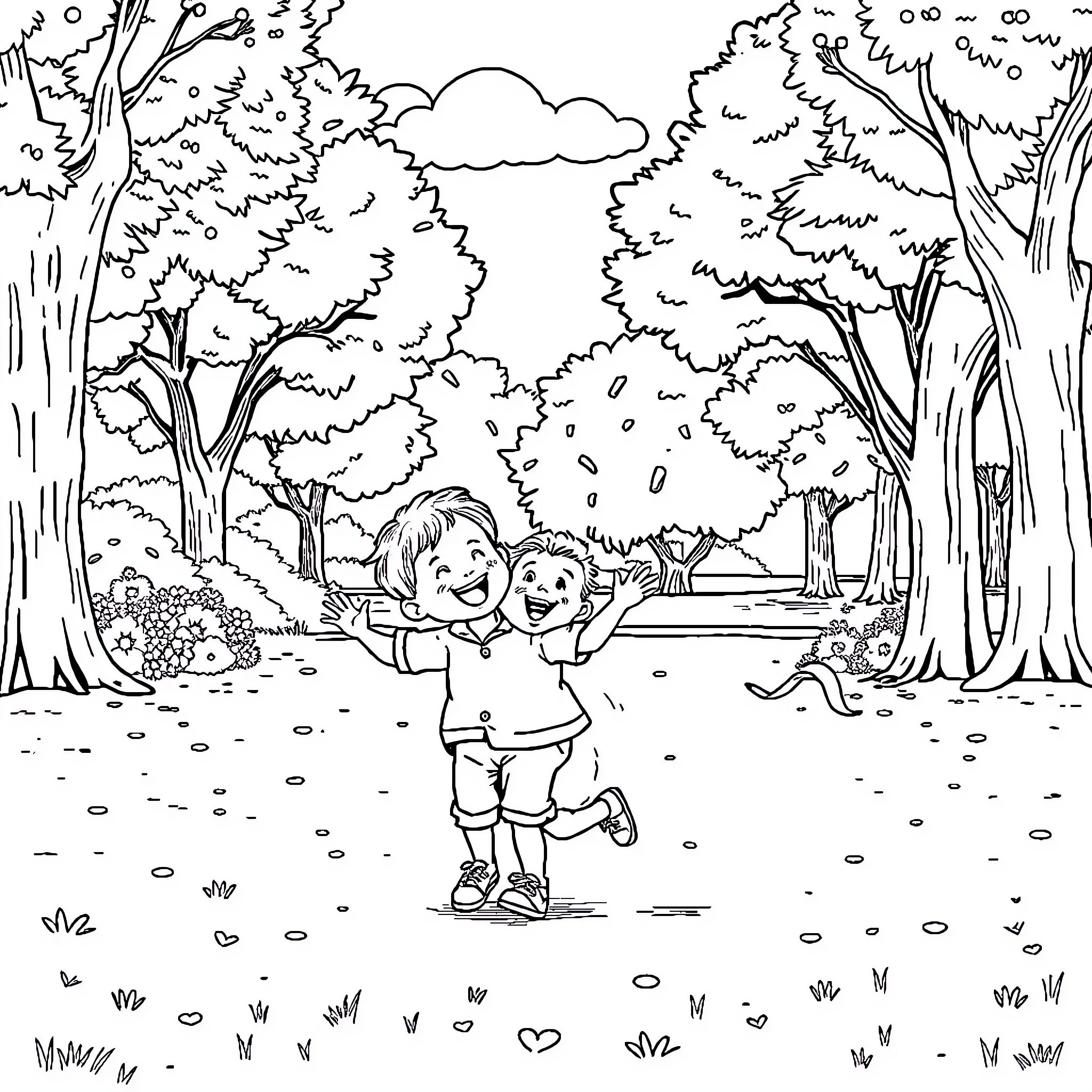 Boy running playfully in nature Coloring Page (free black-and-white line drawing printable PDF for all, from beginners to advanced learners, including children, teens, adults, and seniors)