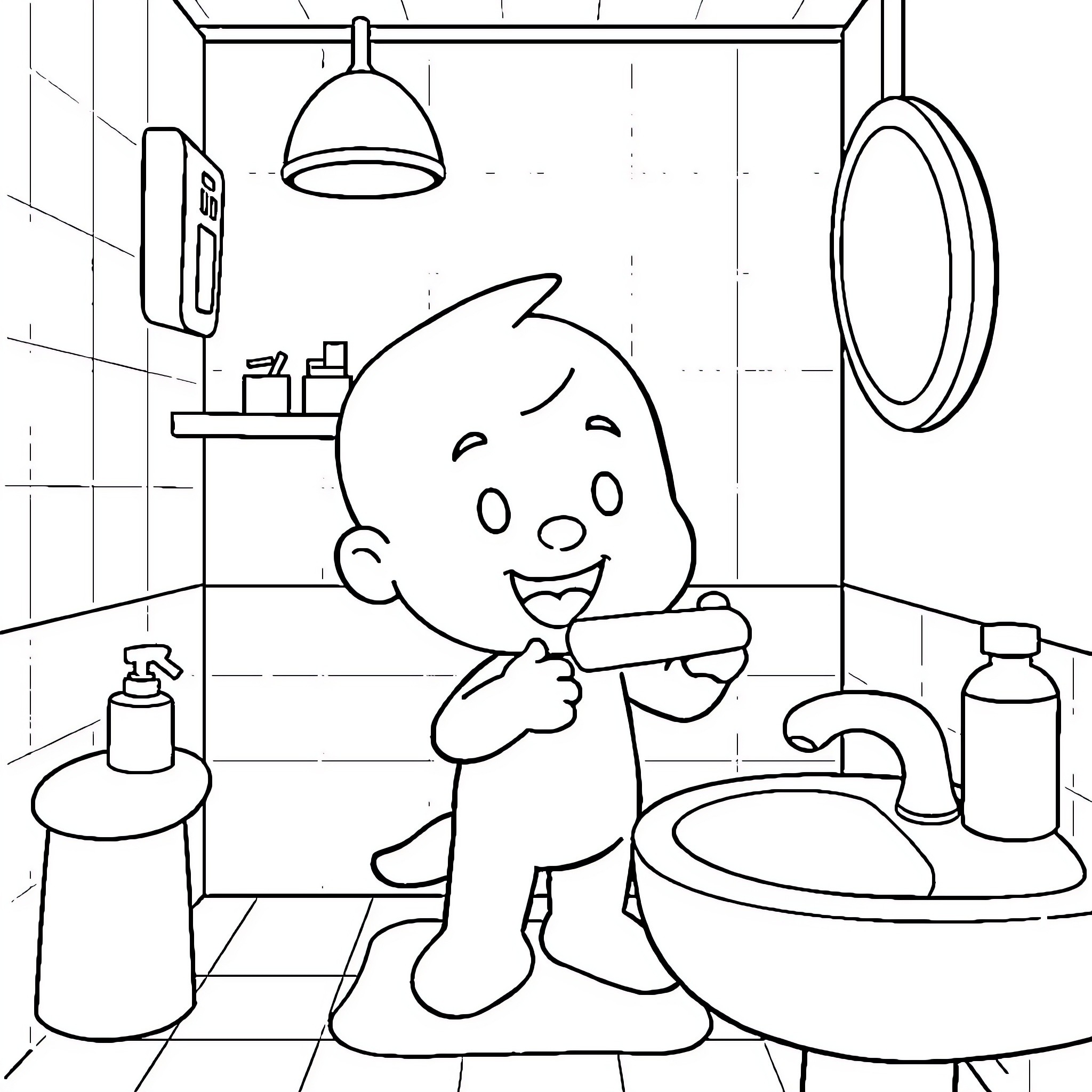 Pocoyo brushing teeth in the bathroom Coloring Page (free black-and-white line drawing printable PDF for all, from beginners to advanced learners, including children, teens, adults, and seniors)