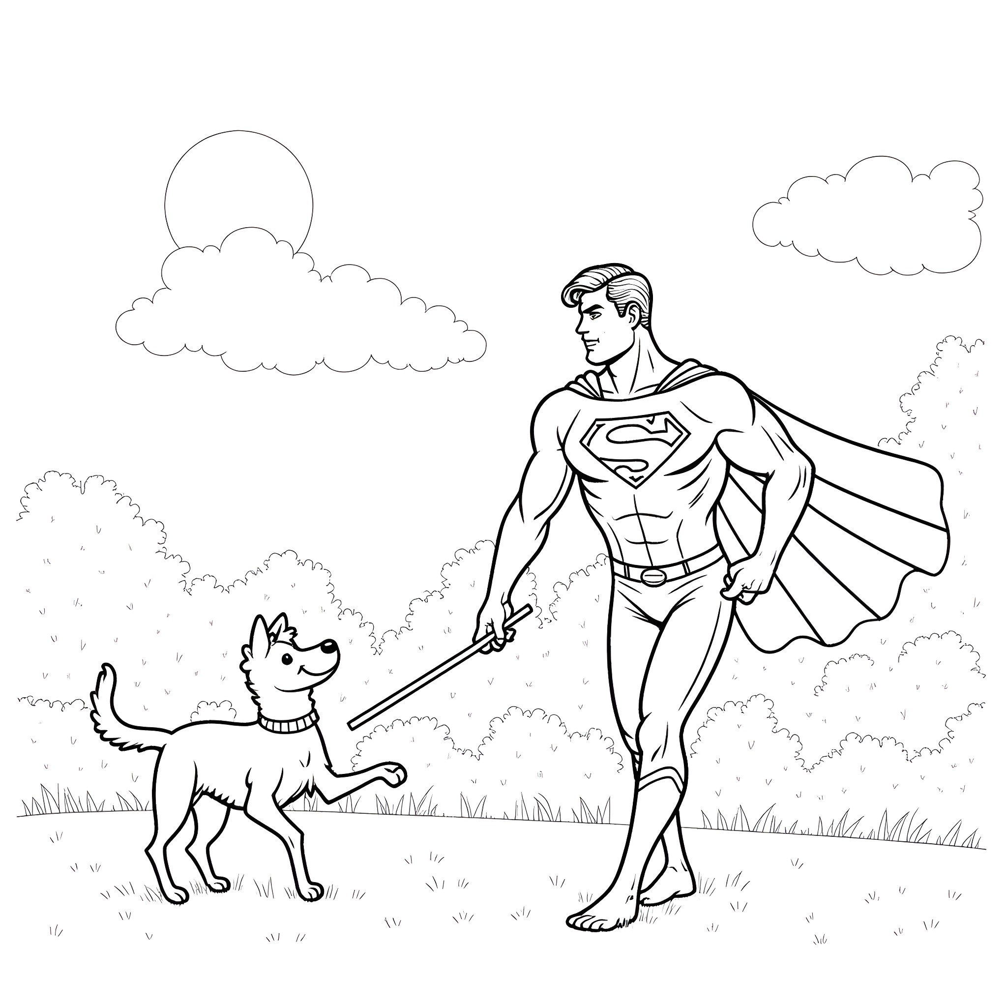 Superman walking his loyal companion in the park Coloring Page (free black-and-white line drawing printable PDF for all, from beginners to advanced learners, including children, teens, adults, and seniors)
