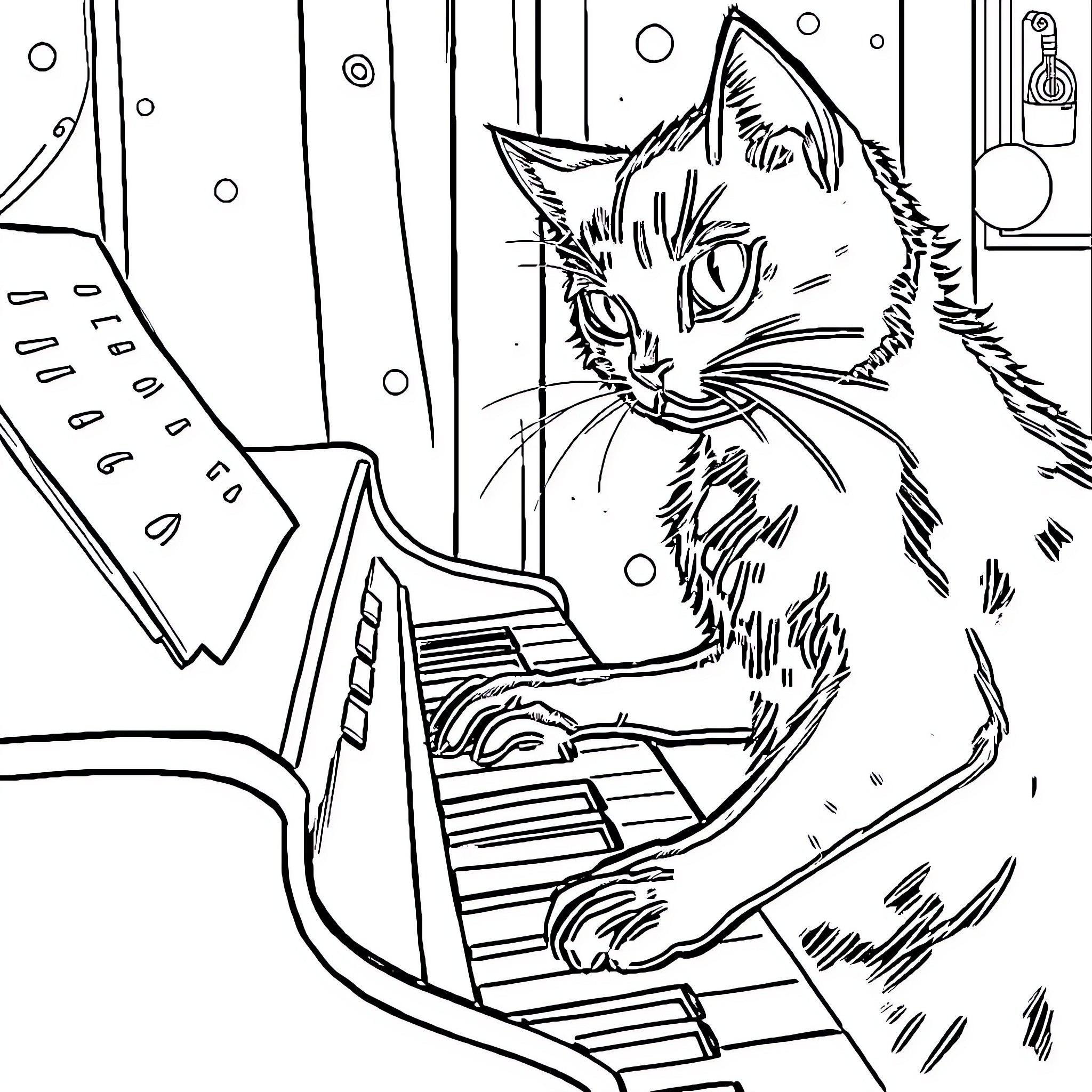 Cat playing on a keyboard Coloring Page (free black-and-white line drawing printable PDF for all, from beginners to advanced learners, including children, teens, adults, and seniors)