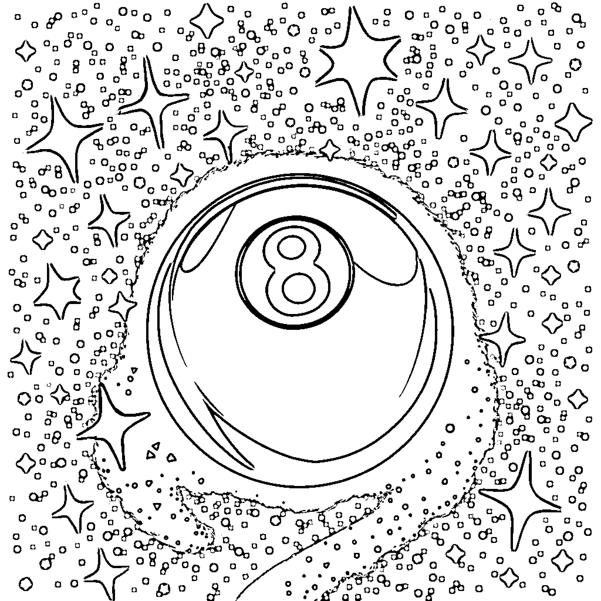 8 Ball Cosmic Adventure Coloring Page (free black-and-white line drawing printable PDF for all, from beginners to advanced learners, including children, teens, adults, and seniors)