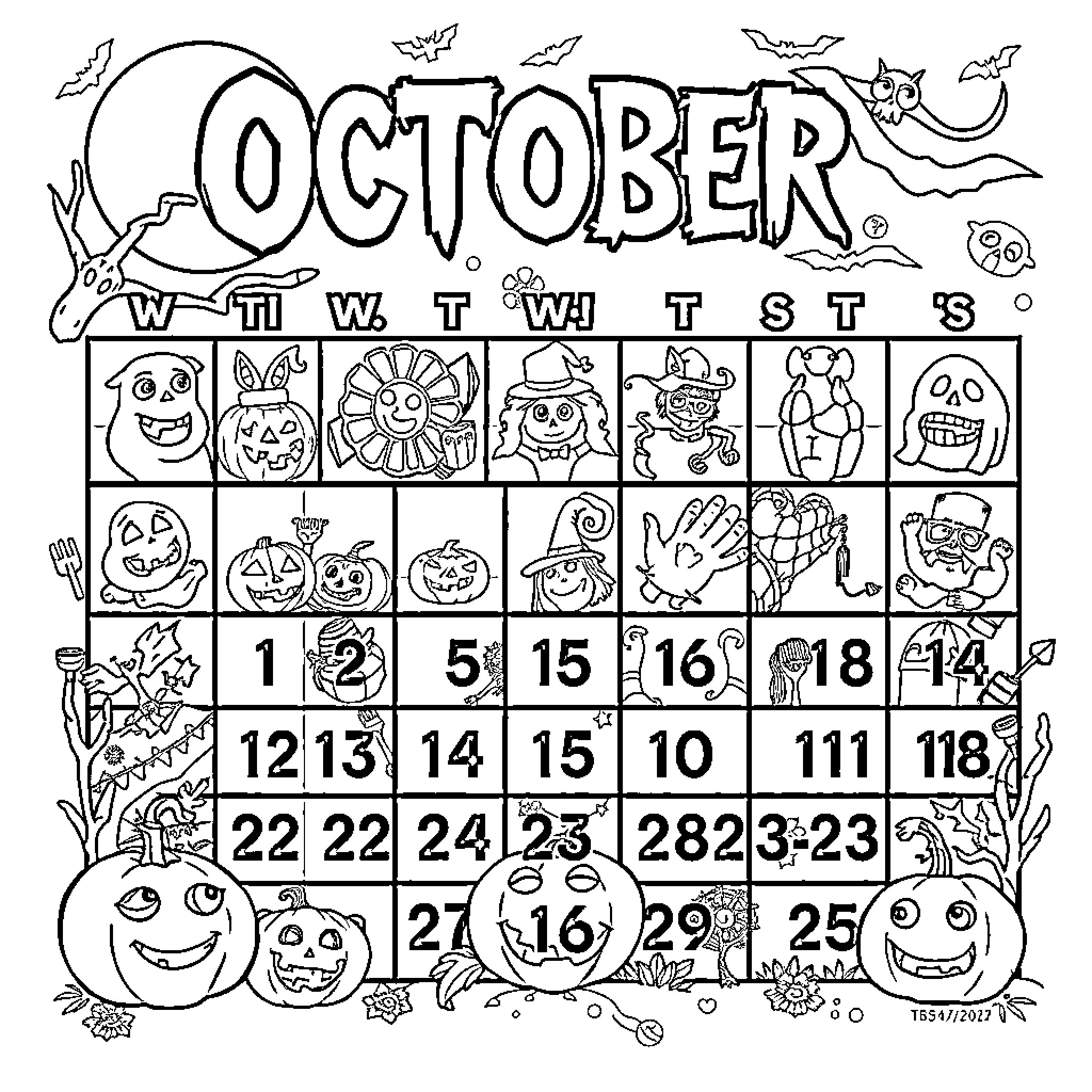 October calendar with Halloween-themed illustrations Coloring Page (free black-and-white line drawing printable PDF for all, from beginners to advanced learners, including children, teens, adults, and seniors)