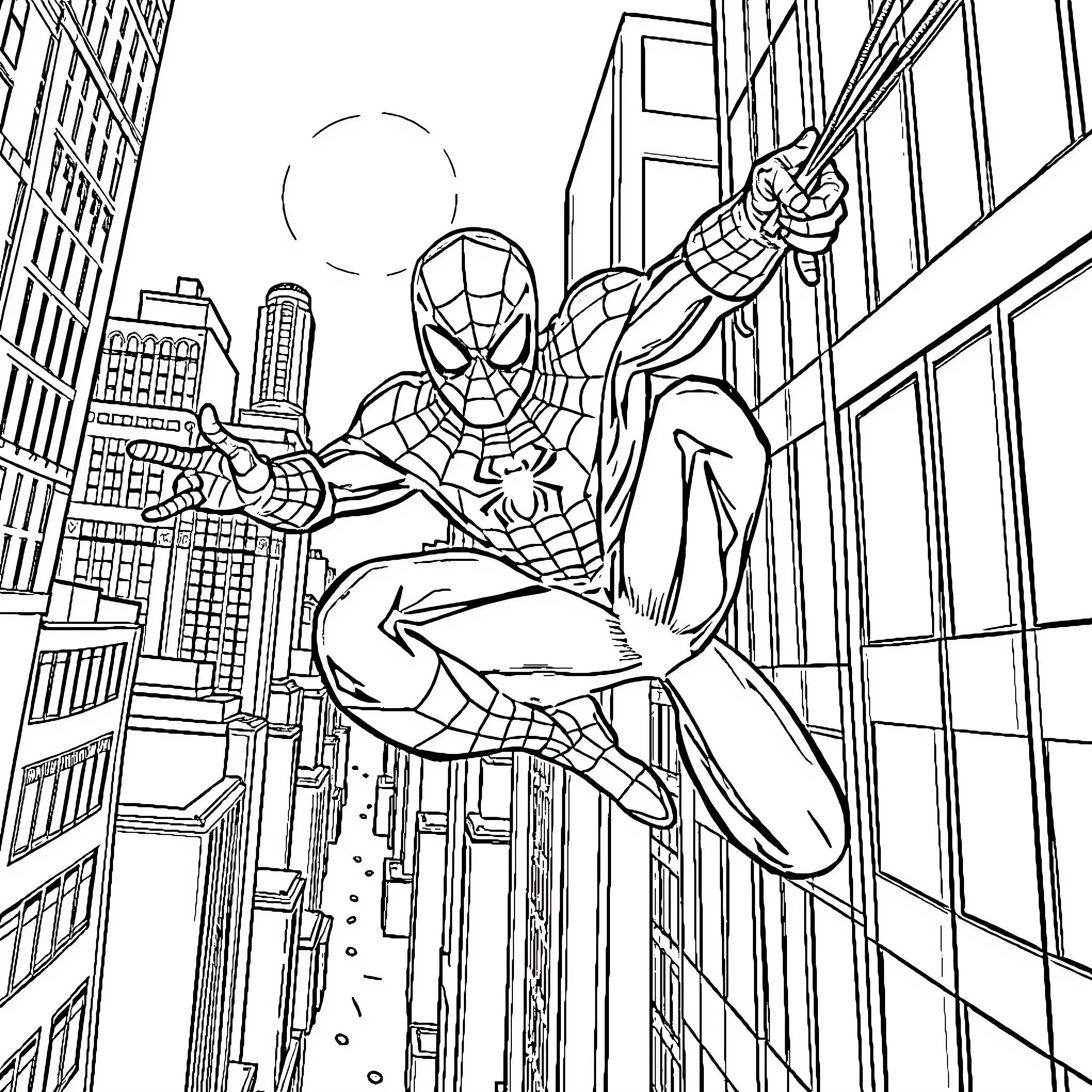 Spiderman swinging through the city skyline Coloring Page (free black-and-white line drawing printable PDF for all, from beginners to advanced learners, including children, teens, adults, and seniors)