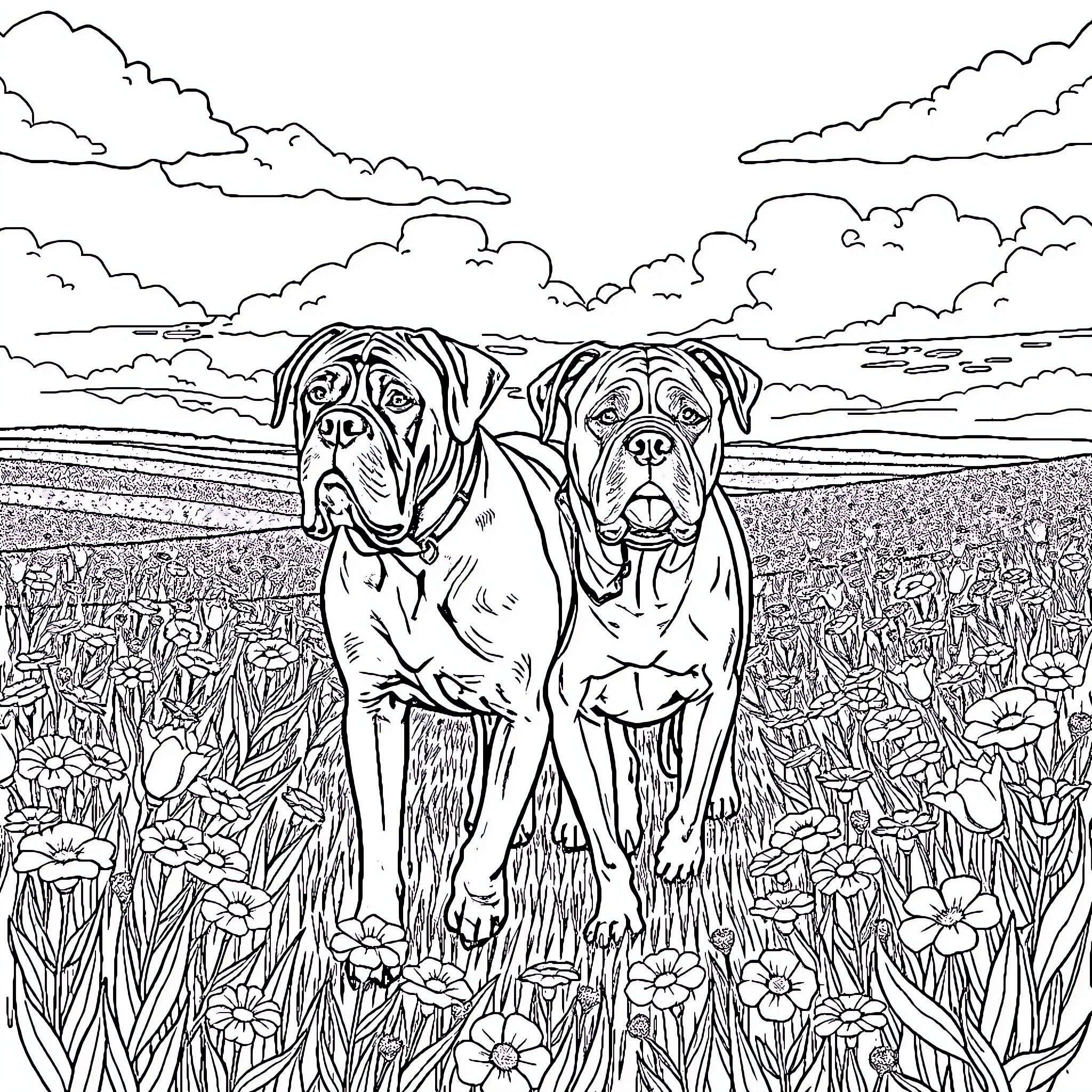 Mastiff duo in a scenic field of flowers Coloring Page (free black-and-white line drawing printable PDF for all, from beginners to advanced learners, including children, teens, adults, and seniors)