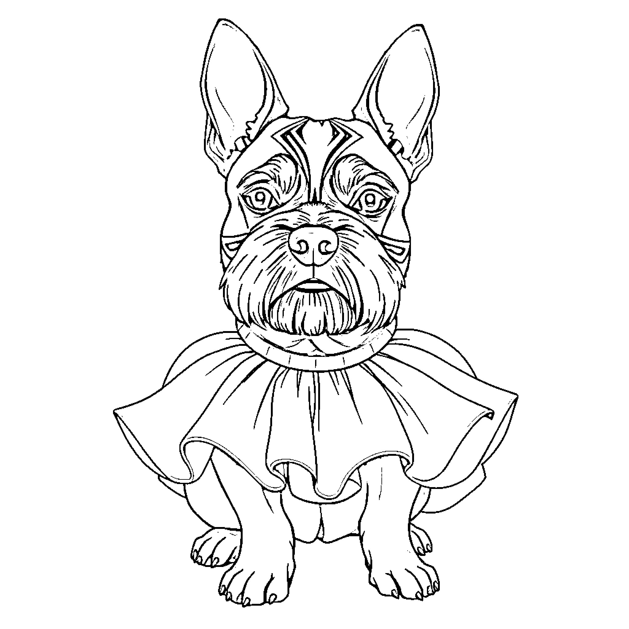 Staffy dog wearing a frilly dress Coloring Page (free black-and-white line drawing printable PDF for all, from beginners to advanced learners, including children, teens, adults, and seniors)