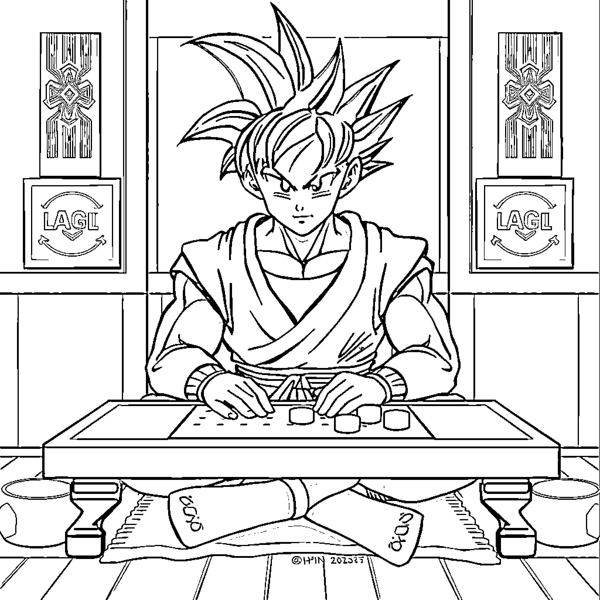 Goku playing games in a traditional setting Coloring Page (free black-and-white line drawing printable PDF for all, from beginners to advanced learners, including children, teens, adults, and seniors)