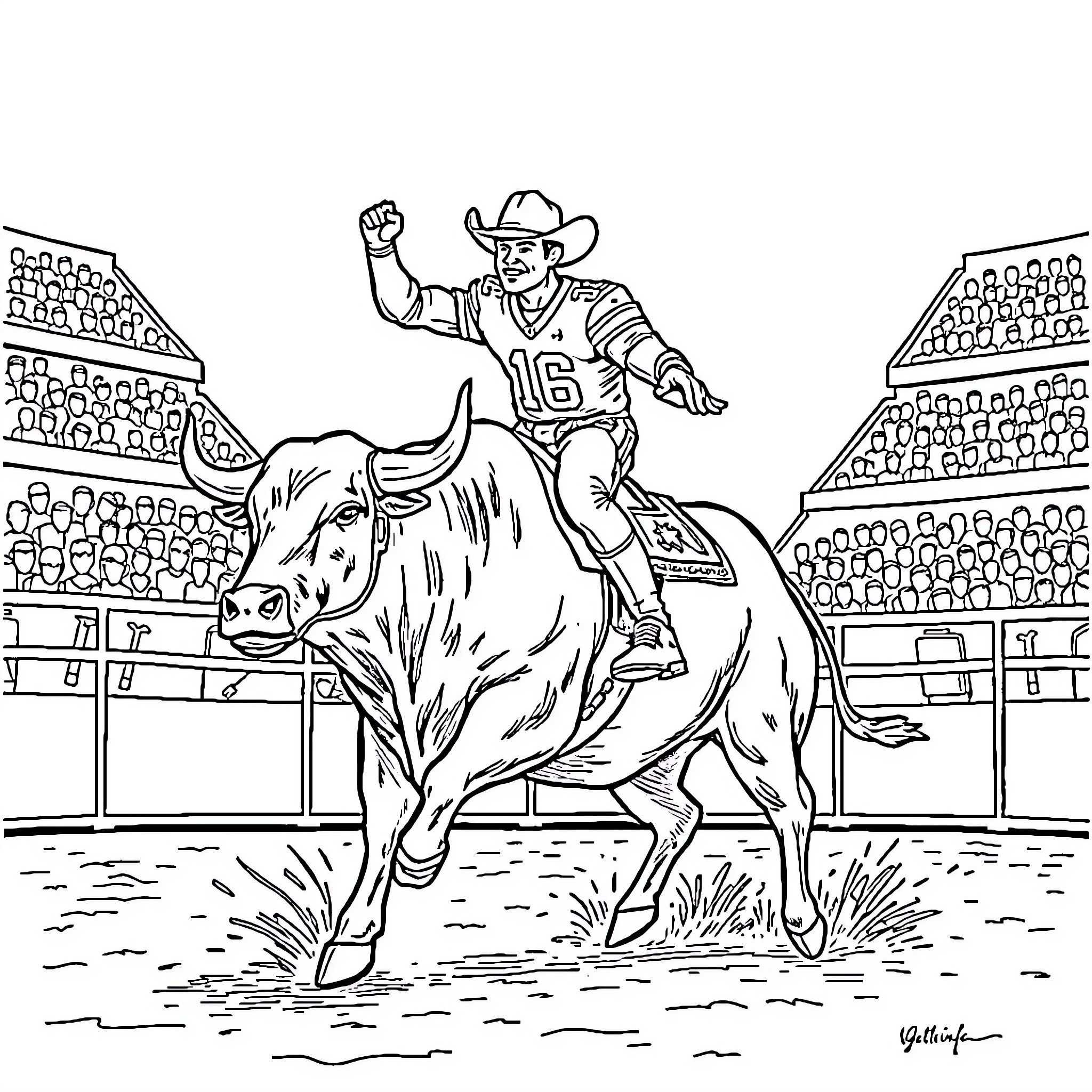 Patrick Mahomes Riding a Bull in a Rodeo Arena Coloring Page (free black-and-white line drawing printable PDF for all, from beginners to advanced learners, including children, teens, adults, and seniors)