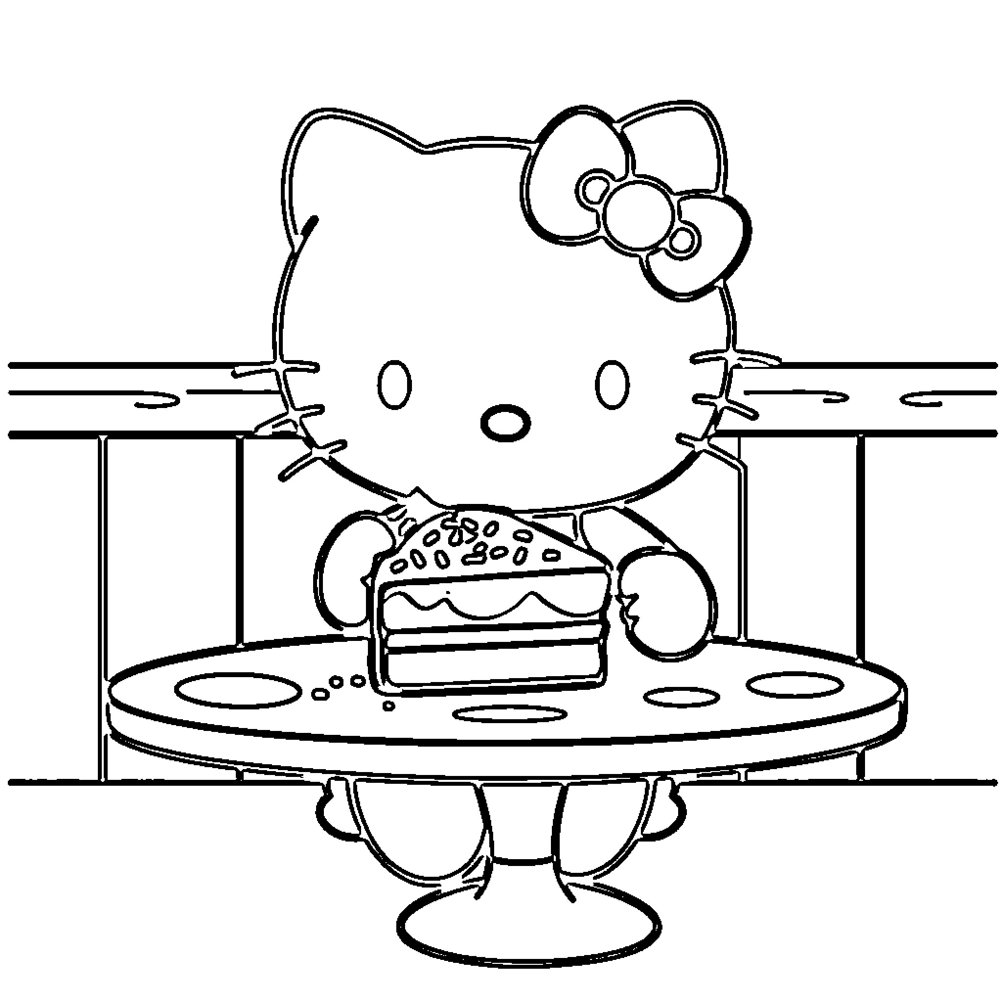 Hello Kitty enjoying a delicious cake Coloring Page (free black-and-white line drawing printable PDF for all, from beginners to advanced learners, including children, teens, adults, and seniors)