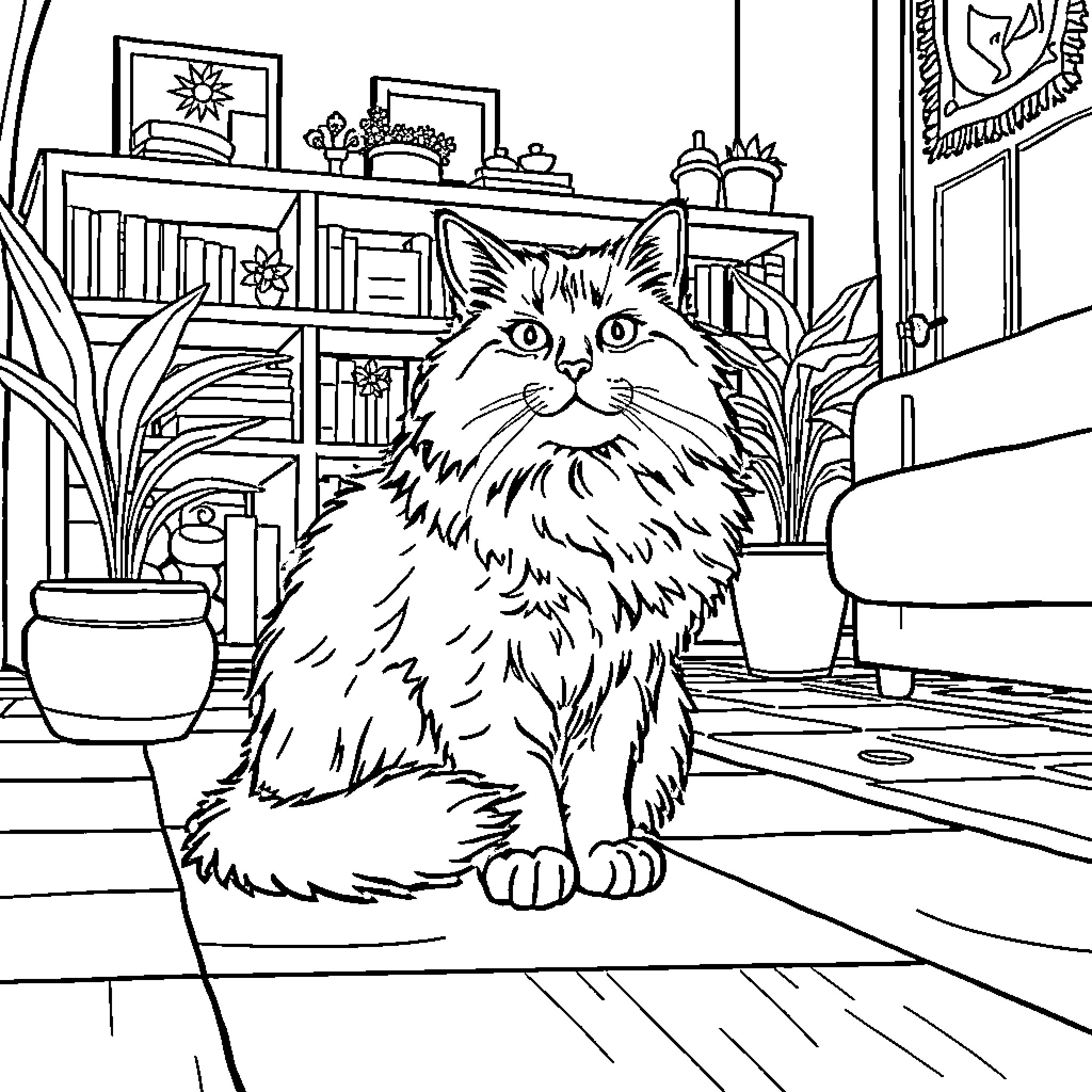 Cat exploring a cozy indoor environment Coloring Page (free black-and-white line drawing printable PDF for all, from beginners to advanced learners, including children, teens, adults, and seniors)