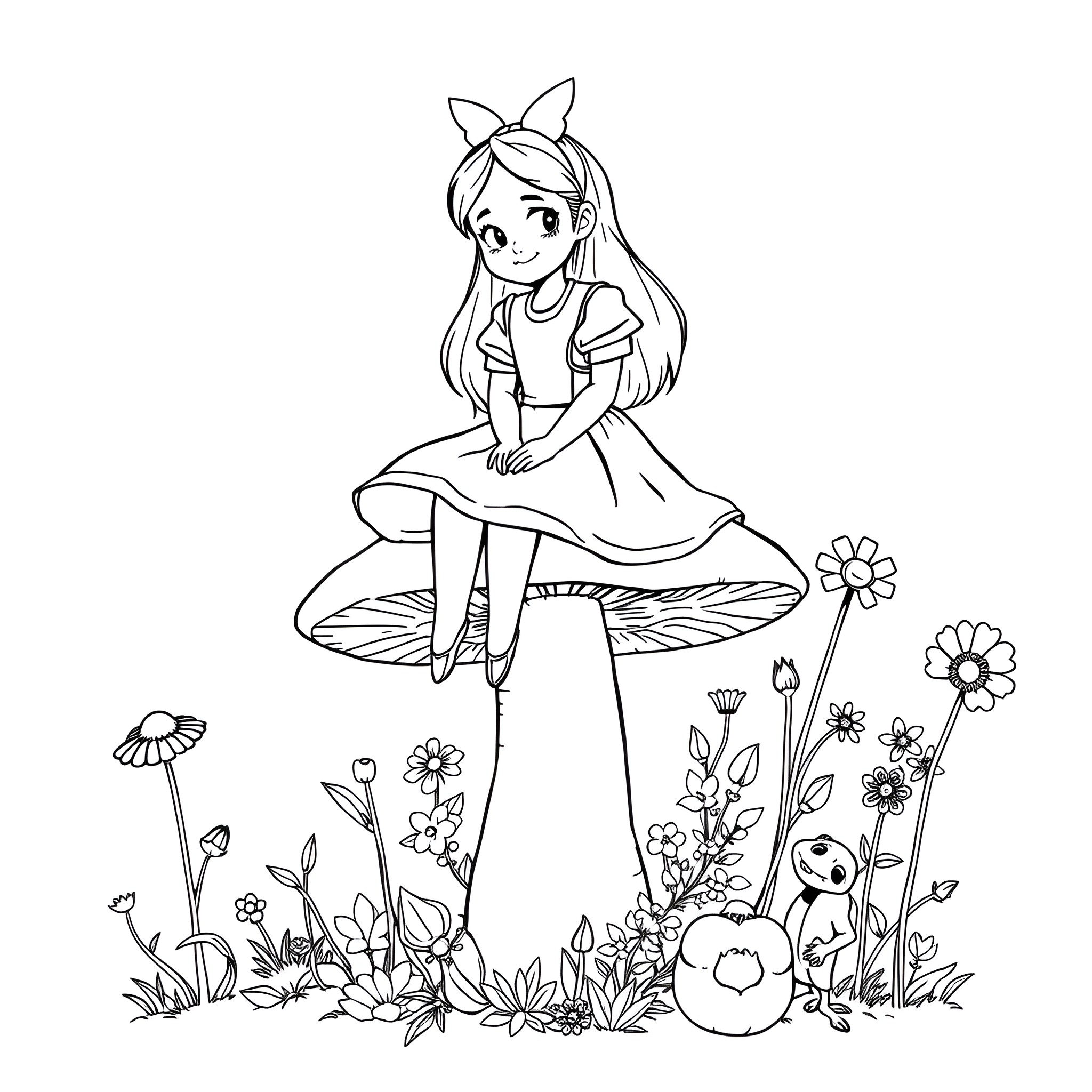 Alice explores the enchanting mushroom garden Coloring Page (free black-and-white line drawing printable PDF for all, from beginners to advanced learners, including children, teens, adults, and seniors)