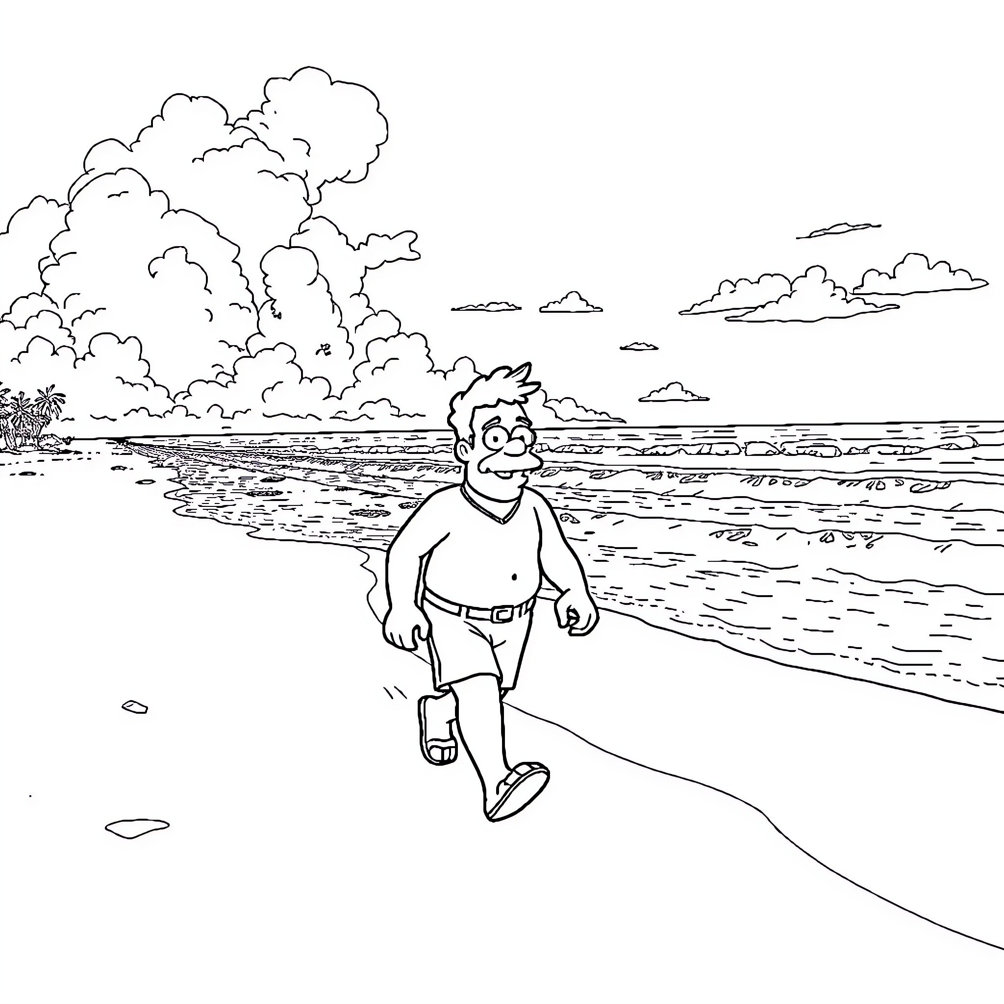 Homer enjoys a leisurely stroll on the beach Coloring Page (free black-and-white line drawing printable PDF for all, from beginners to advanced learners, including children, teens, adults, and seniors)