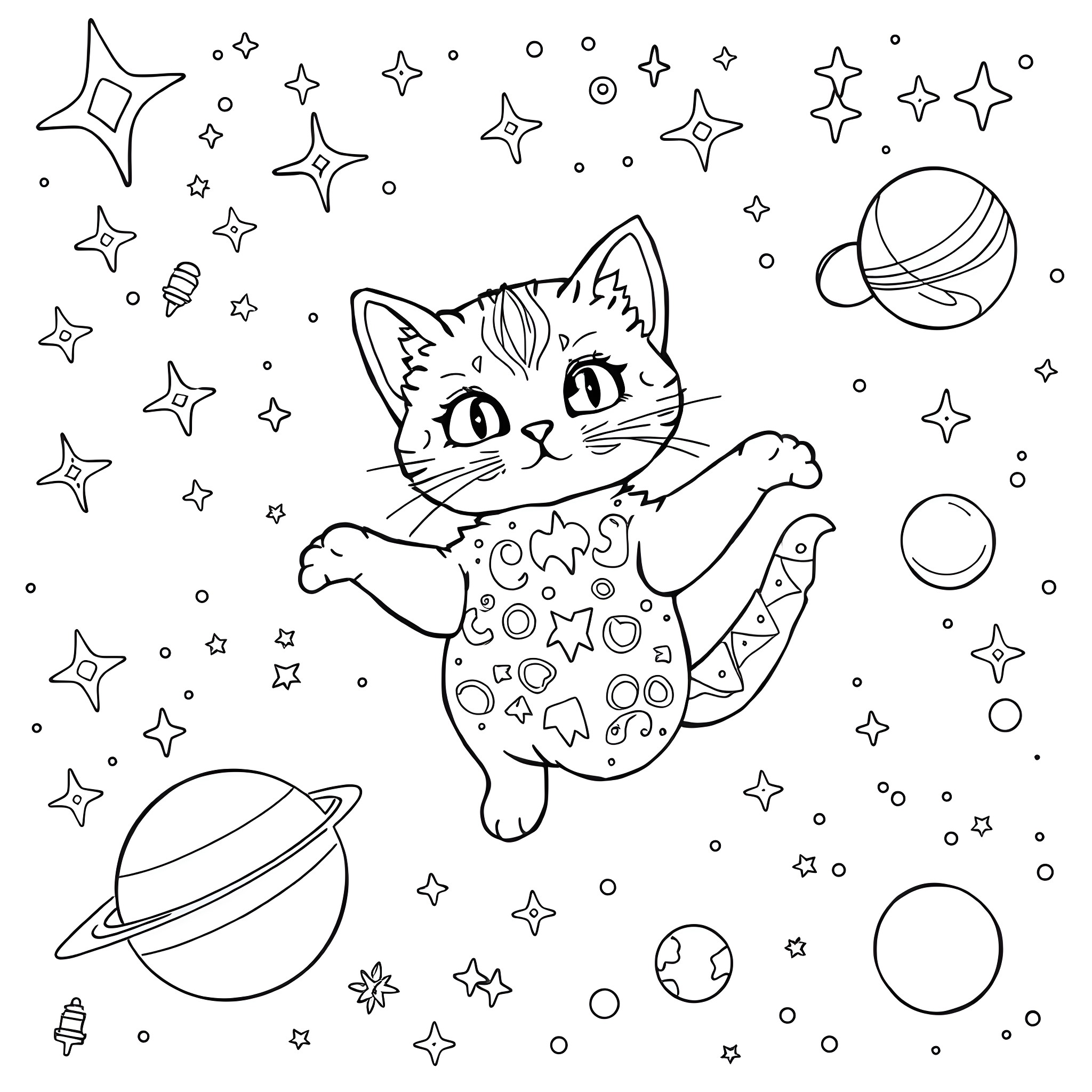 Kitty playing among the stars Coloring Page (free black-and-white line drawing printable PDF for all, from beginners to advanced learners, including children, teens, adults, and seniors)