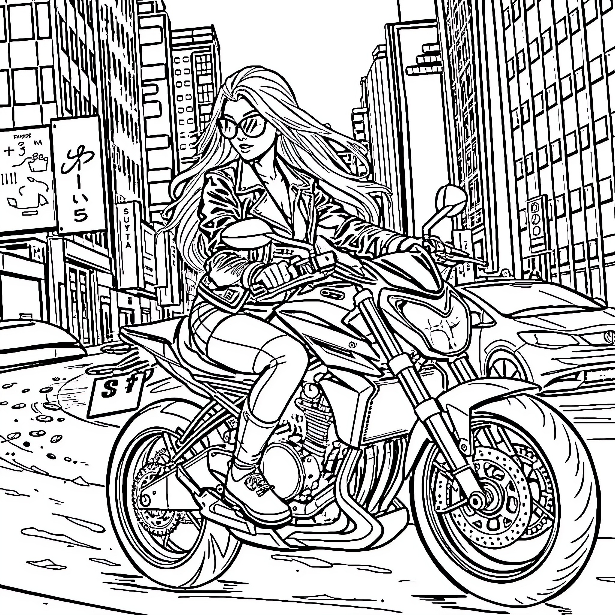 Blonde Girl Riding Motorcycle Through City Streets Coloring Page (free black-and-white line drawing printable PDF for all, from beginners to advanced learners, including children, teens, adults, and seniors)