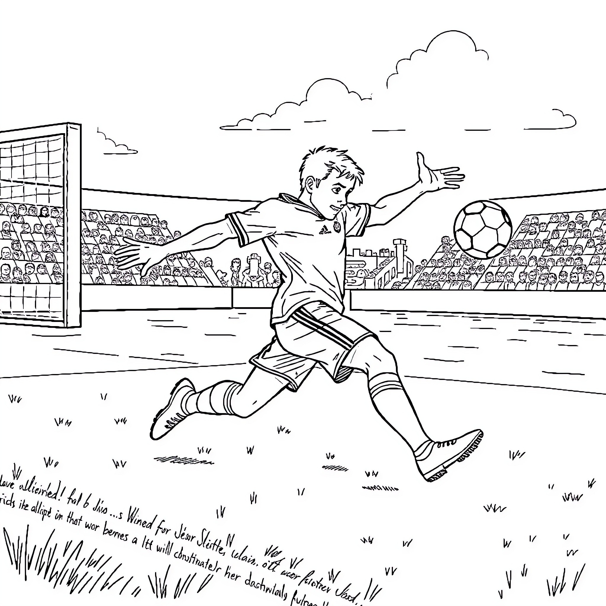 Olivier's Graceful Soccer Move on the Field Coloring Page (free black-and-white line drawing printable PDF for all, from beginners to advanced learners, including children, teens, adults, and seniors)