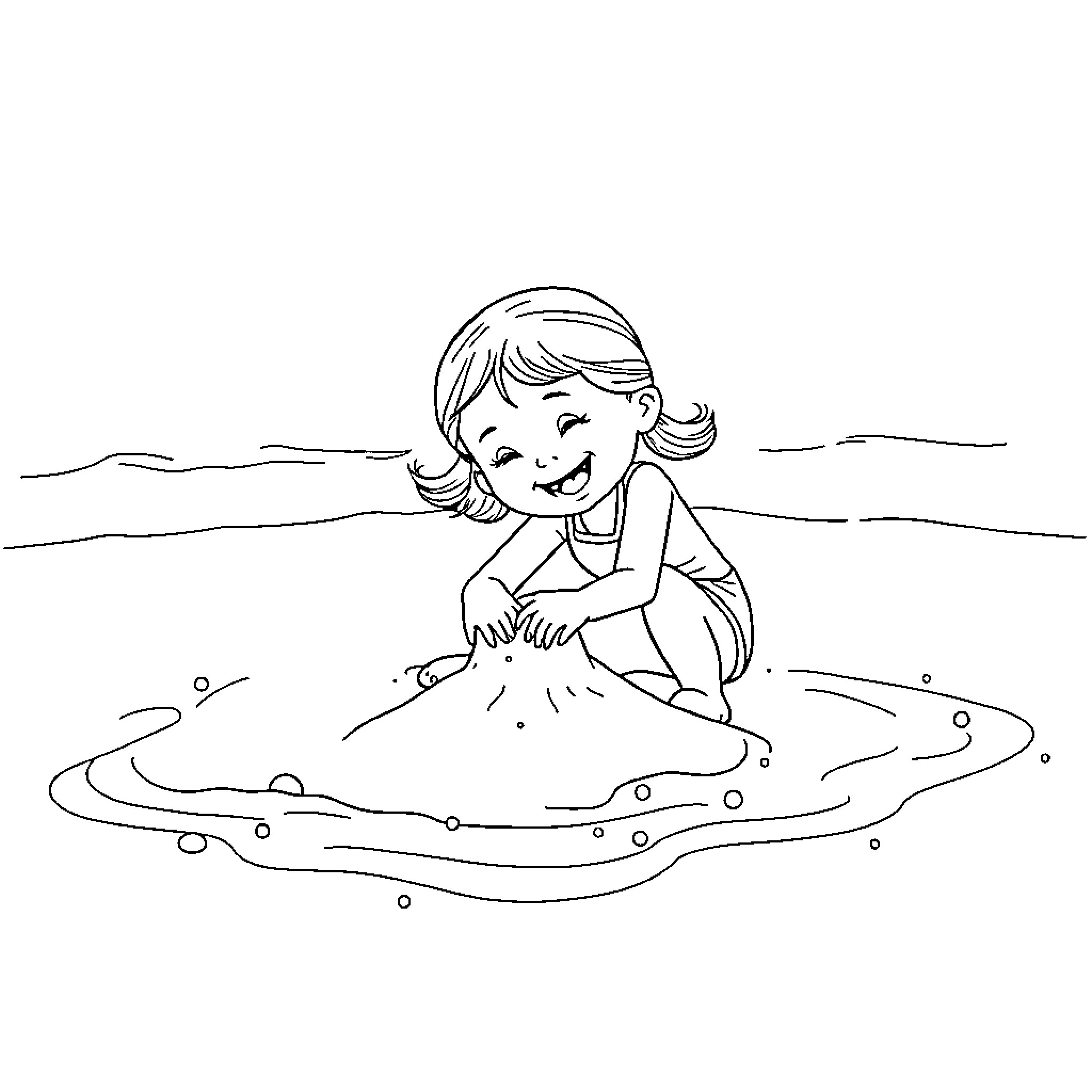 Girl playing happily in a puddle Coloring Page (free black-and-white line drawing printable PDF for all, from beginners to advanced learners, including children, teens, adults, and seniors)