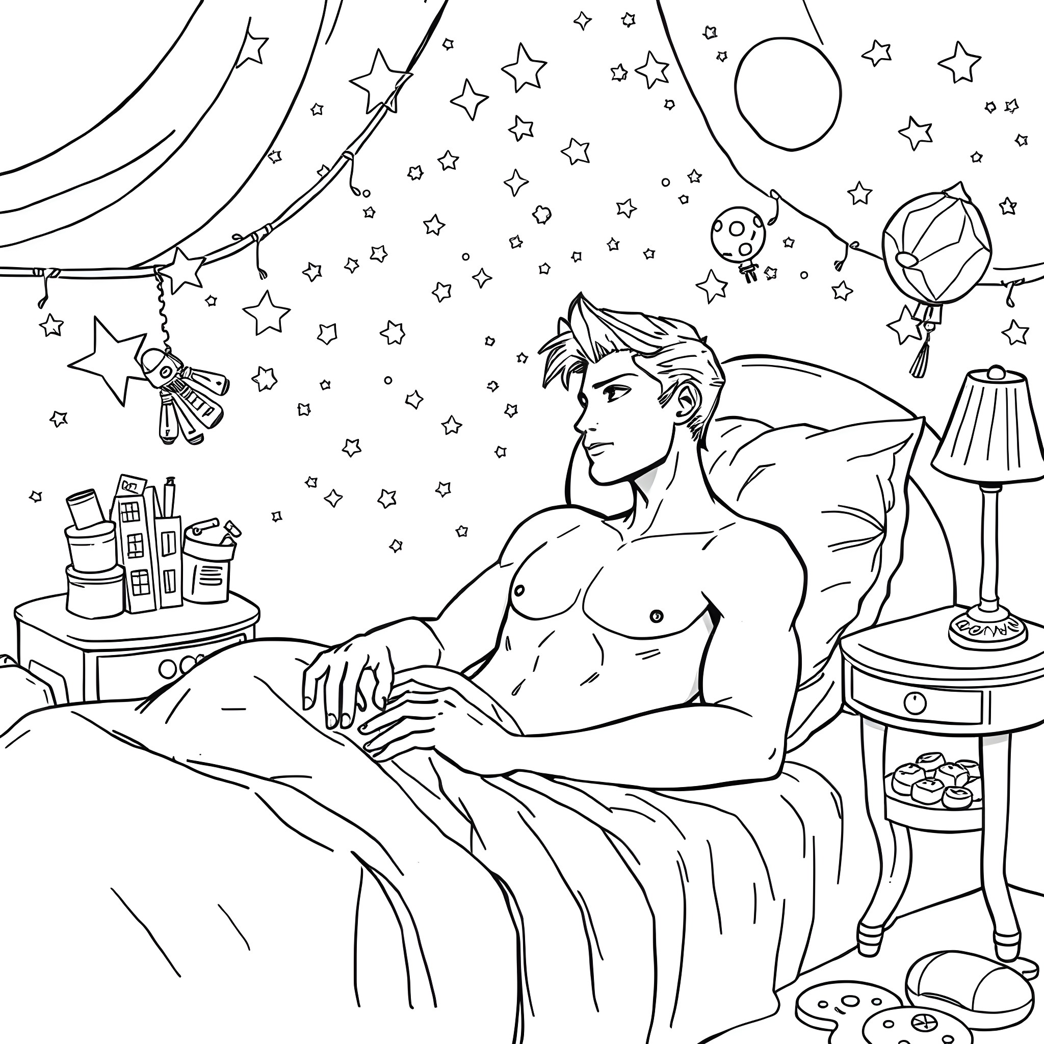 Sylus relaxing under the starry night sky Coloring Page (free black-and-white line drawing printable PDF for all, from beginners to advanced learners, including children, teens, adults, and seniors)