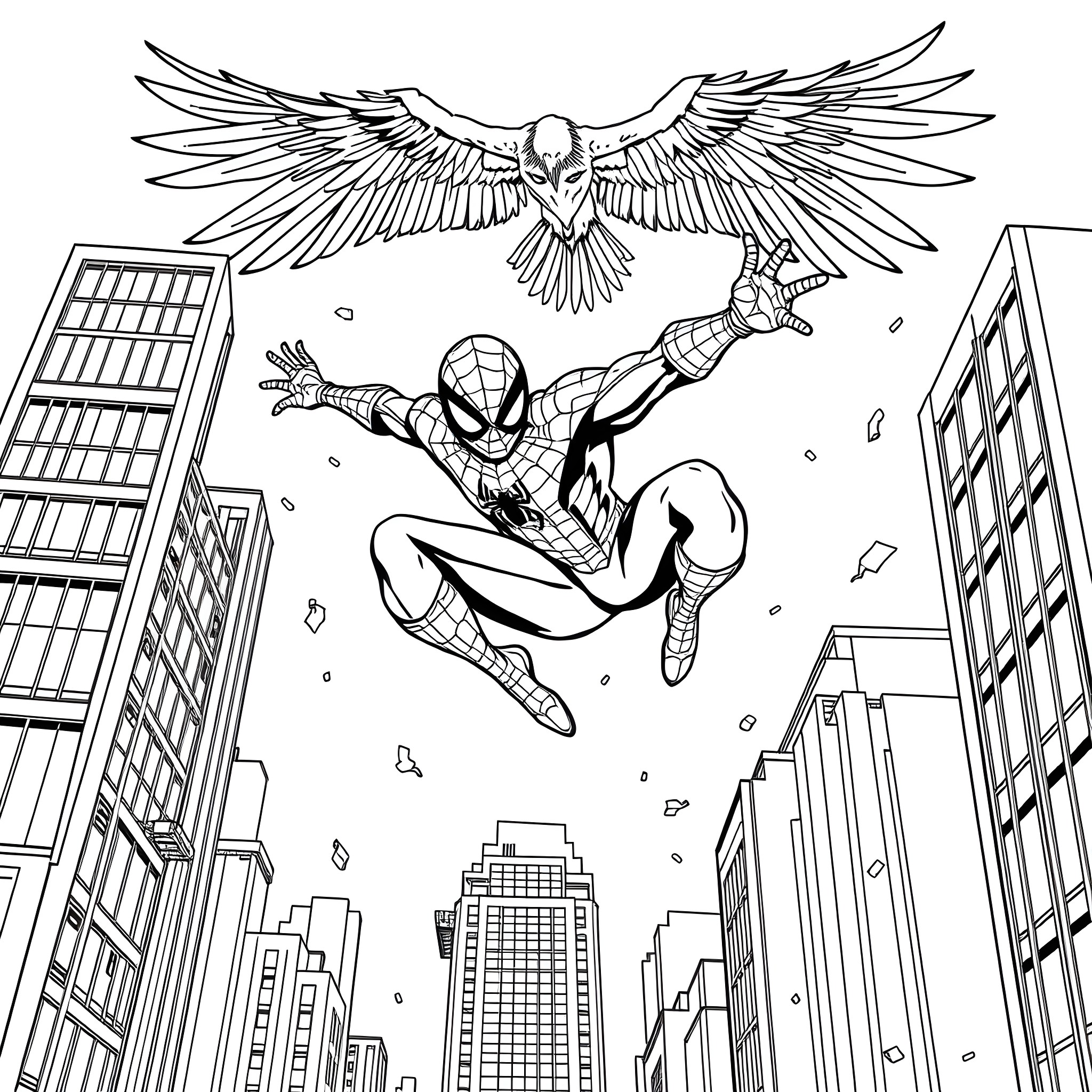 Spiderman swinging through the city with a winged figure Coloring Page (free black-and-white line drawing printable PDF for all, from beginners to advanced learners, including children, teens, adults, and seniors)