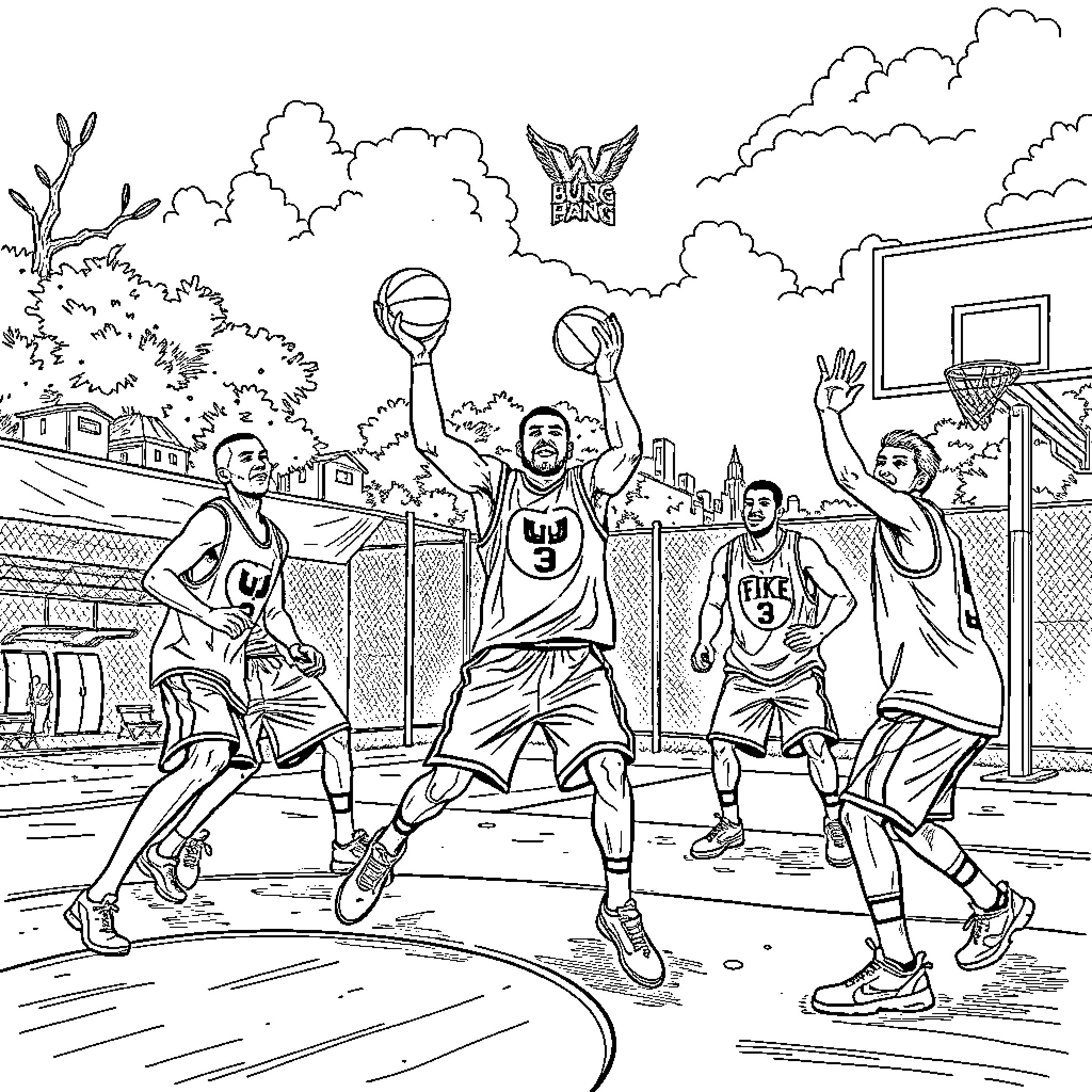 Wu Tang Basketball Players in the Park Coloring Page (free black-and-white line drawing printable PDF for all, from beginners to advanced learners, including children, teens, adults, and seniors)