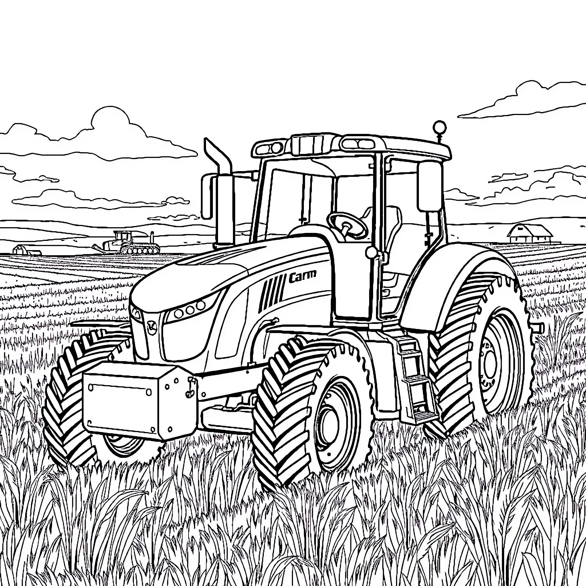 Tractor plowing through the farm fields Coloring Page (free black-and-white line drawing printable PDF for all, from beginners to advanced learners, including children, teens, adults, and seniors)
