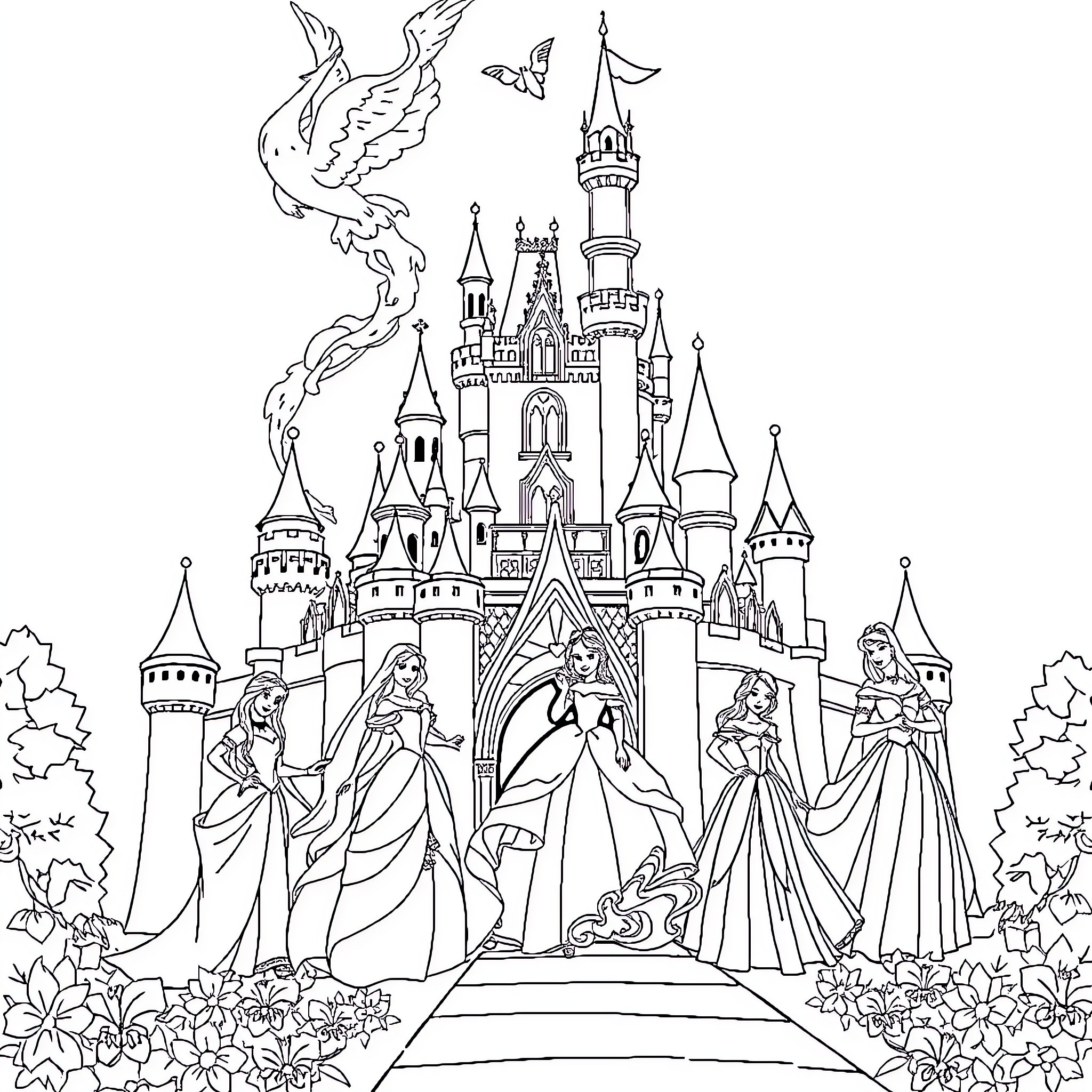 Princess Delight at the Enchanted Castle Coloring Page (free black-and-white line drawing printable PDF for all, from beginners to advanced learners, including children, teens, adults, and seniors)